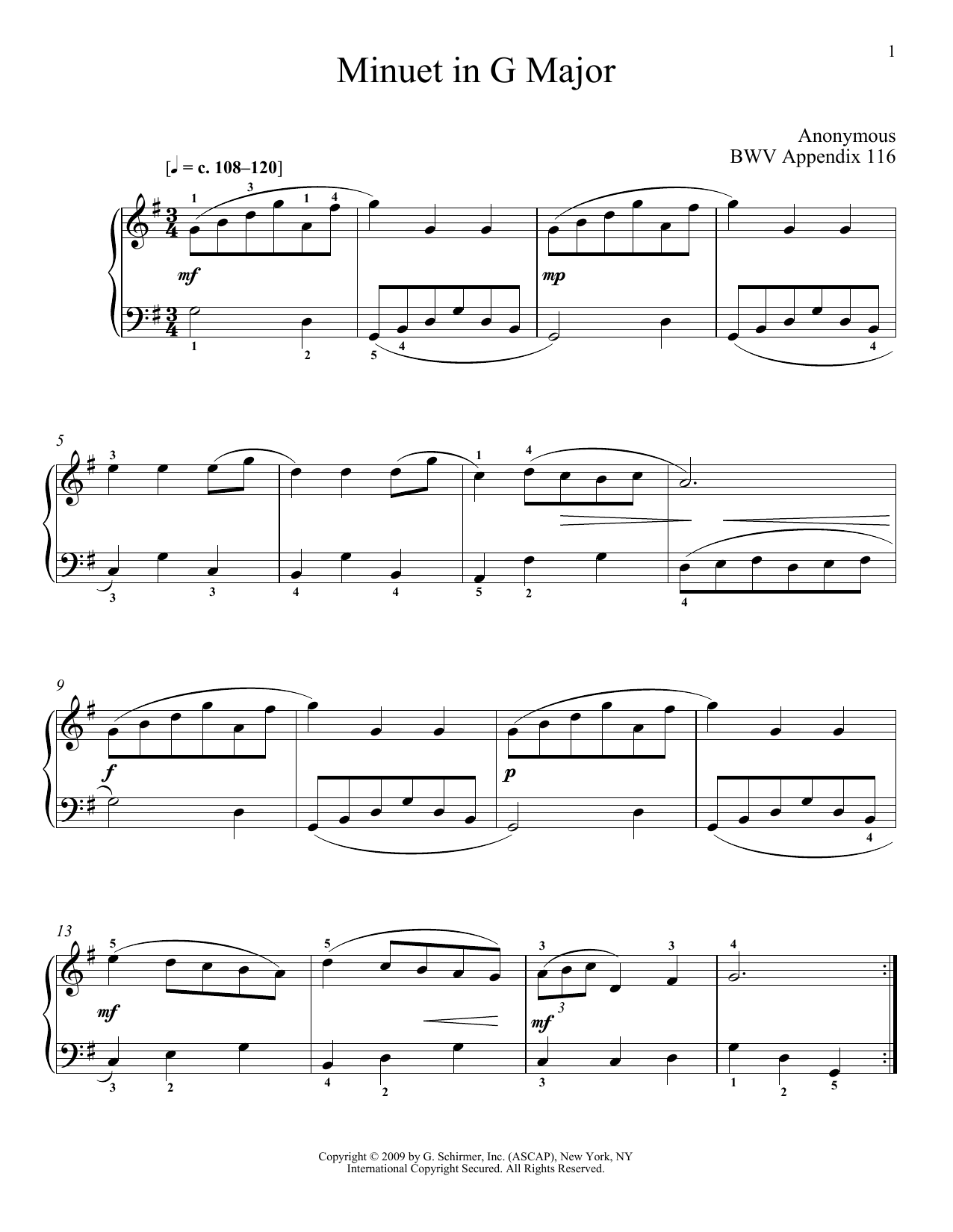 Download Johann Sebastian Bach Menuet In G Major, BWV App. 116 Sheet Music and learn how to play Piano PDF digital score in minutes