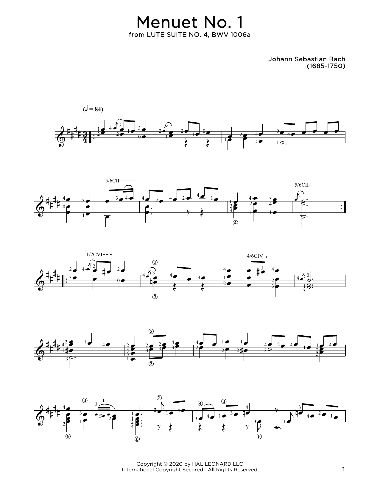 Download Johann Sebastian Bach Menuet No. 1 Sheet Music and learn how to play Solo Guitar PDF digital score in minutes