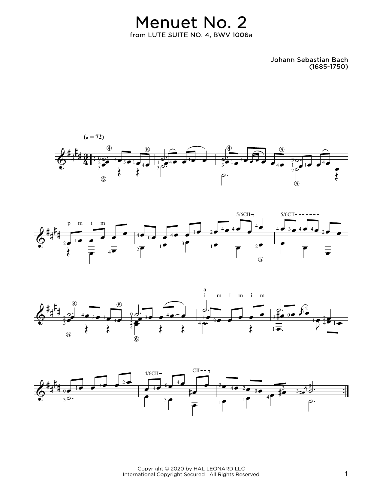 Download Johann Sebastian Bach Menuet No. 2 Sheet Music and learn how to play Solo Guitar PDF digital score in minutes