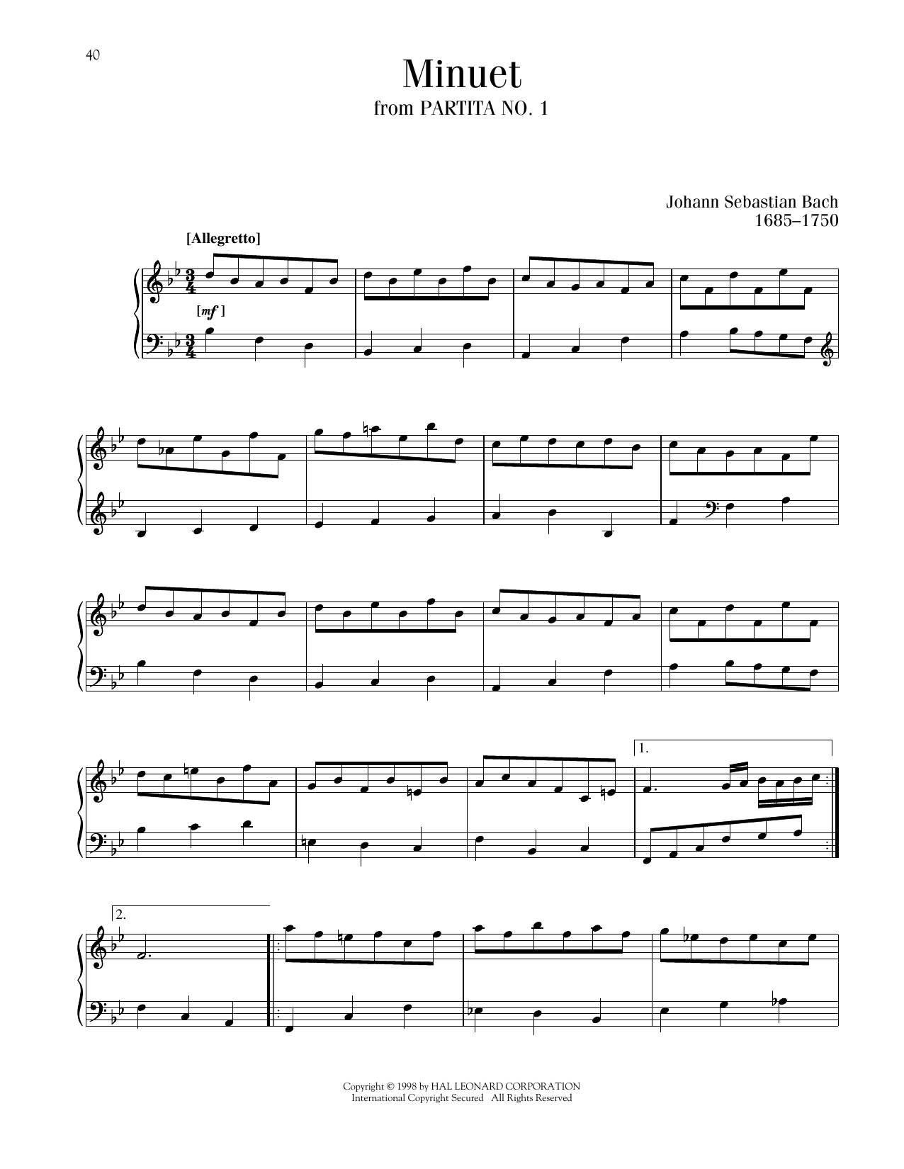 Download Johann Sebastian Bach Menuet Sheet Music and learn how to play Piano Solo PDF digital score in minutes