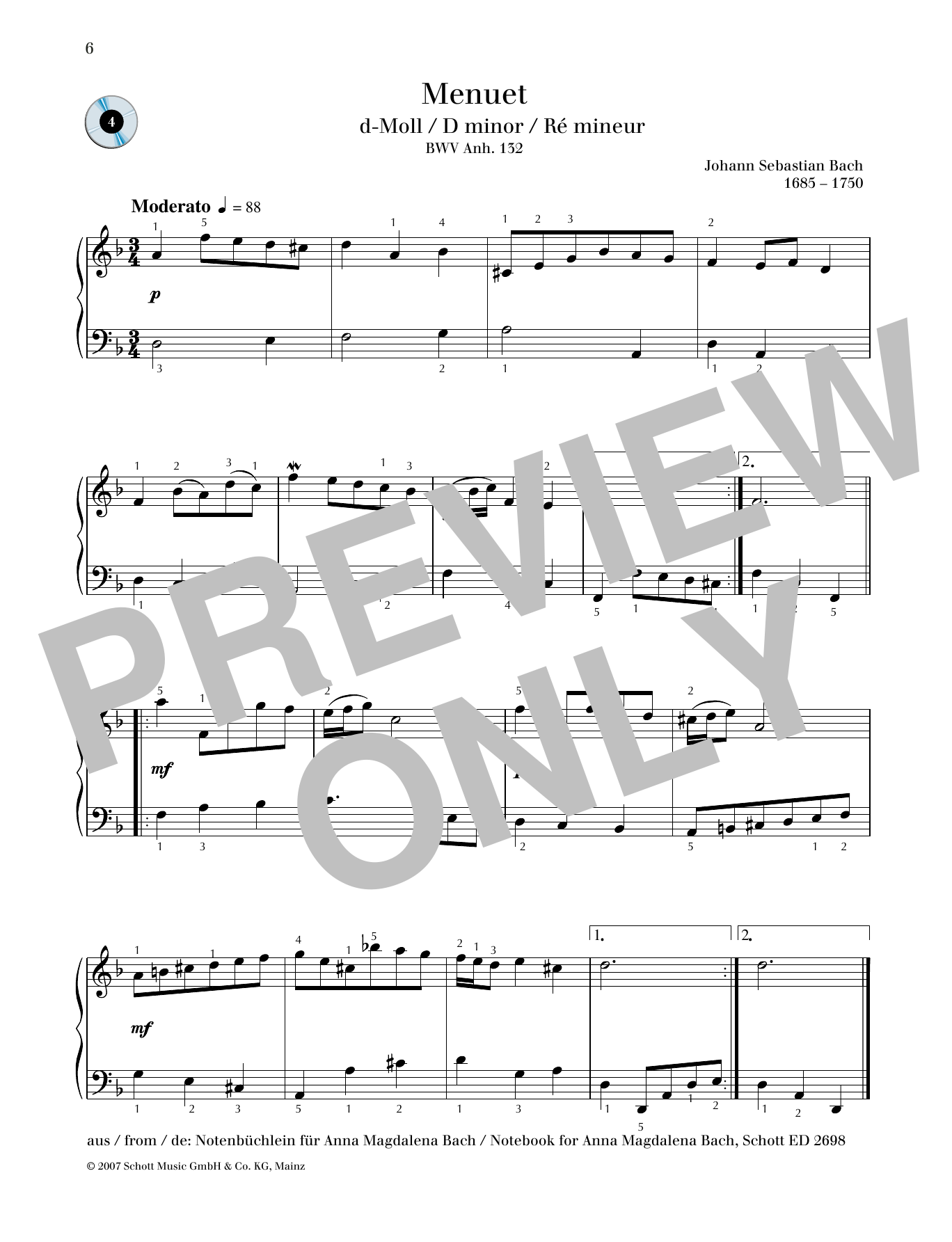 Download Johann Sebastian Bach Minuet D minor Sheet Music and learn how to play Piano Solo PDF digital score in minutes