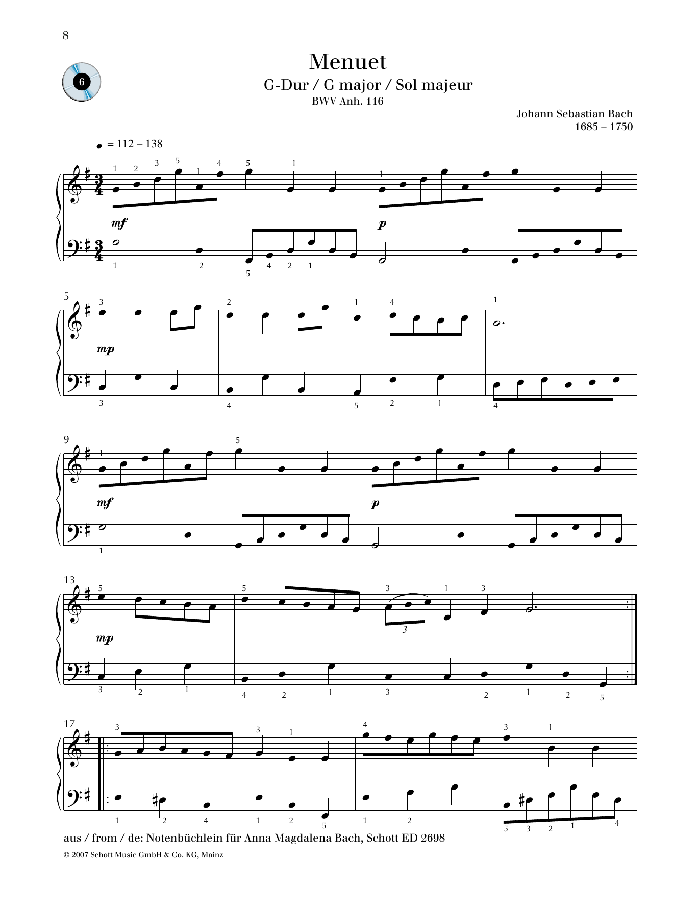 Download Johann Sebastian Bach Minuet G major Sheet Music and learn how to play Piano Solo PDF digital score in minutes