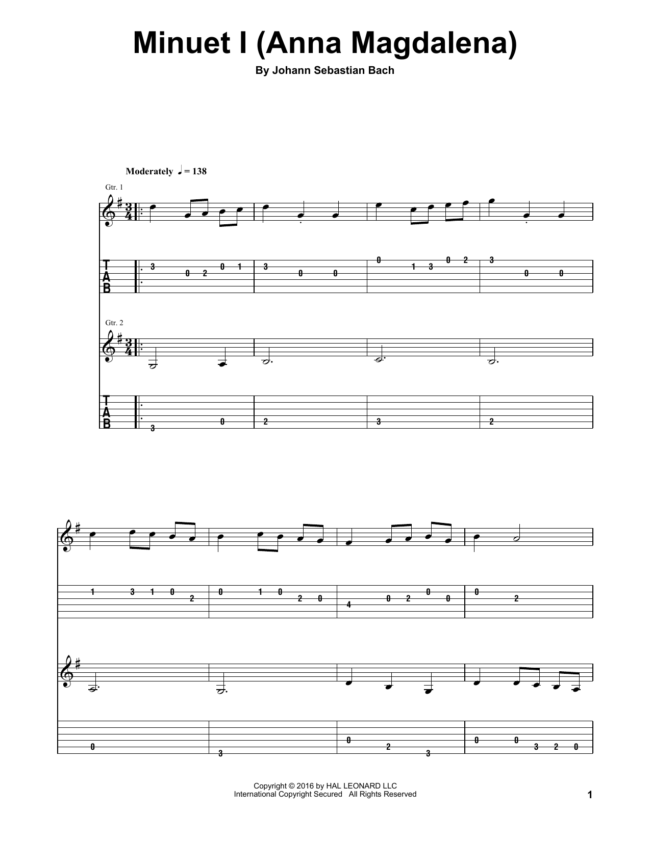 Download Johann Sebastian Bach Minuet I (Anna Magdalena) Sheet Music and learn how to play Guitar Tab Play-Along PDF digital score in minutes