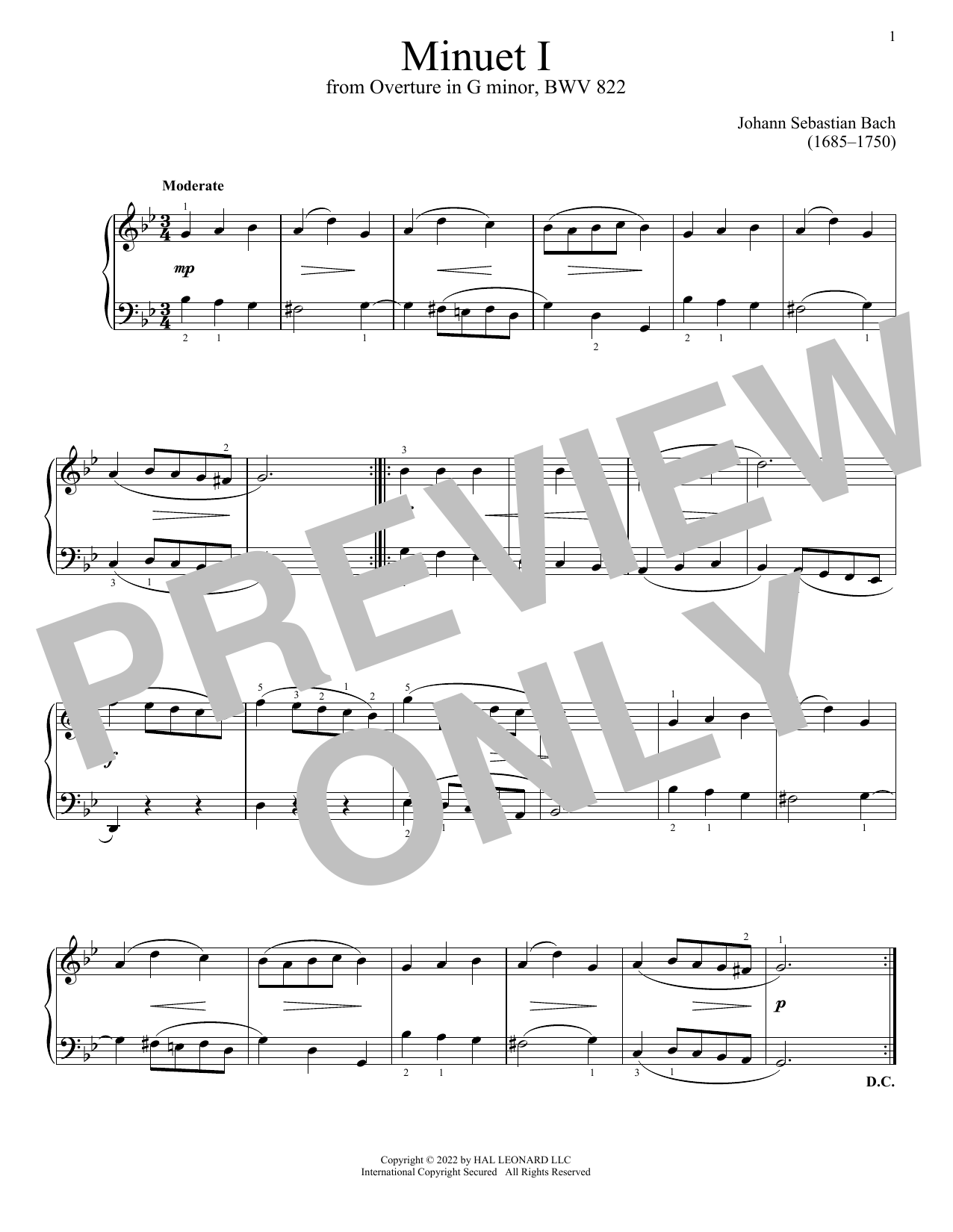 Download Johann Sebastian Bach Minuet I In G Minor, BWV 822 Sheet Music and learn how to play Piano Solo PDF digital score in minutes