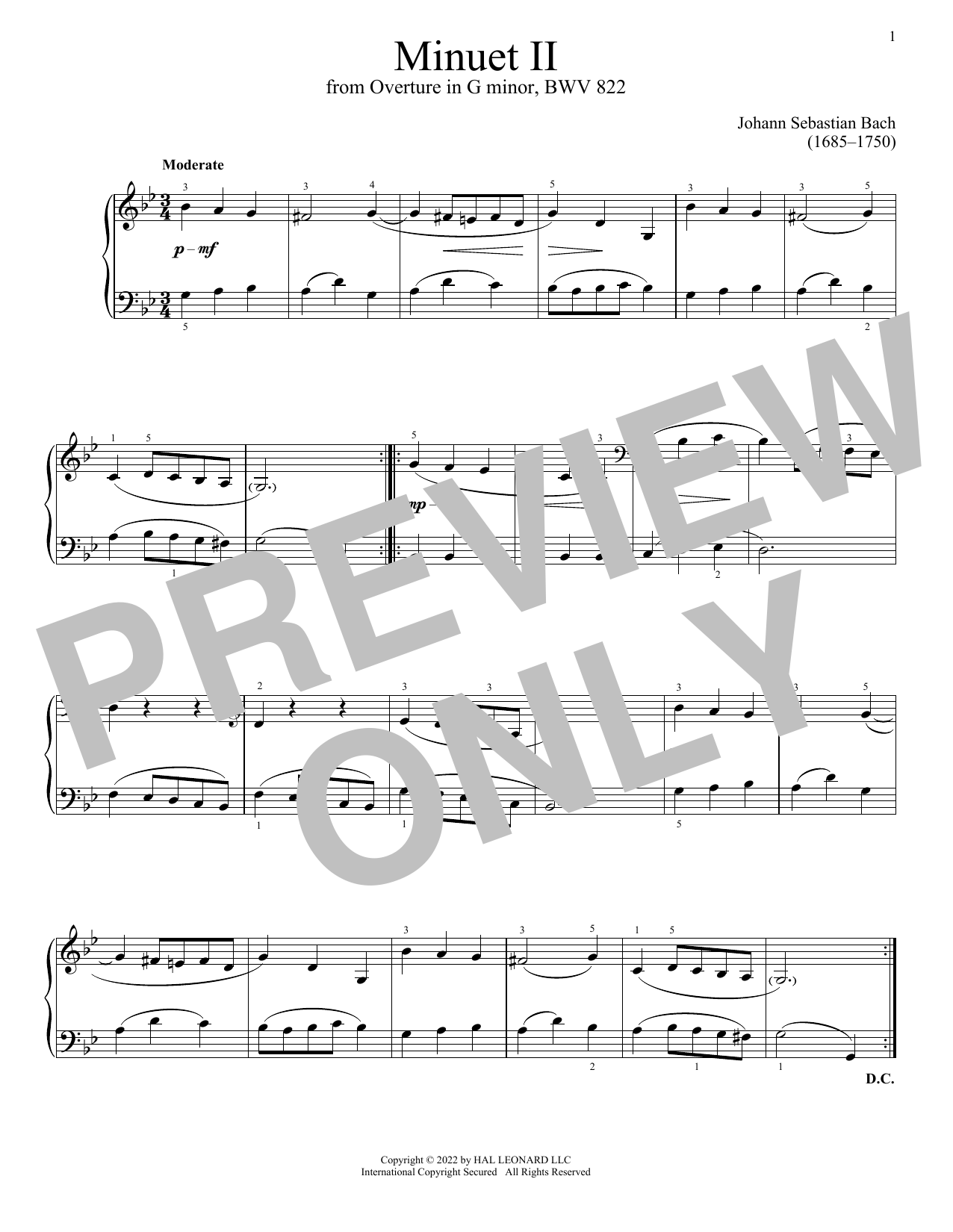 Download Johann Sebastian Bach Minuet II In G Minor, BWV 822 Sheet Music and learn how to play Piano Solo PDF digital score in minutes