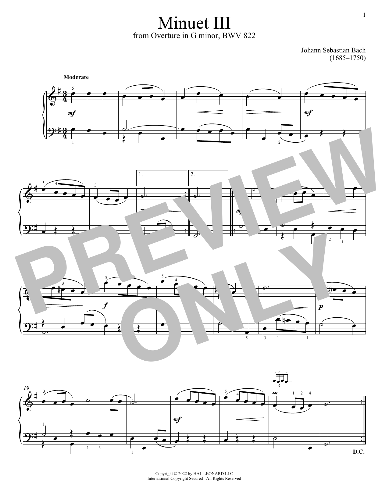 Download Johann Sebastian Bach Minuet III In G Minor, BWV 822 Sheet Music and learn how to play Piano Solo PDF digital score in minutes