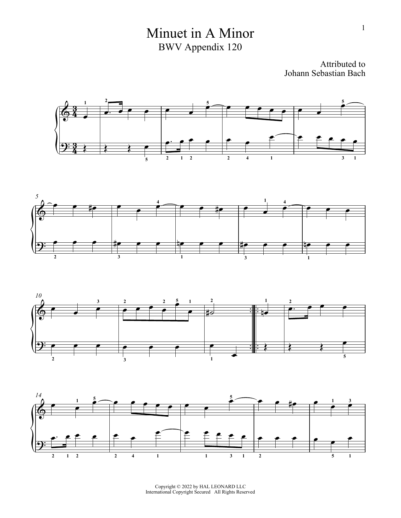 Download Johann Sebastian Bach Minuet In A Minor, Anh. 120 Sheet Music and learn how to play Piano Solo PDF digital score in minutes