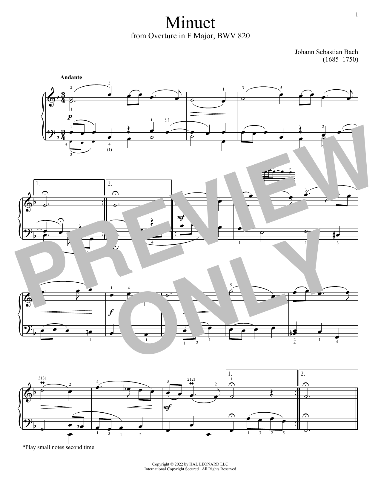 Download Johann Sebastian Bach Minuet In F Major, BWV 820 Sheet Music and learn how to play Piano Solo PDF digital score in minutes