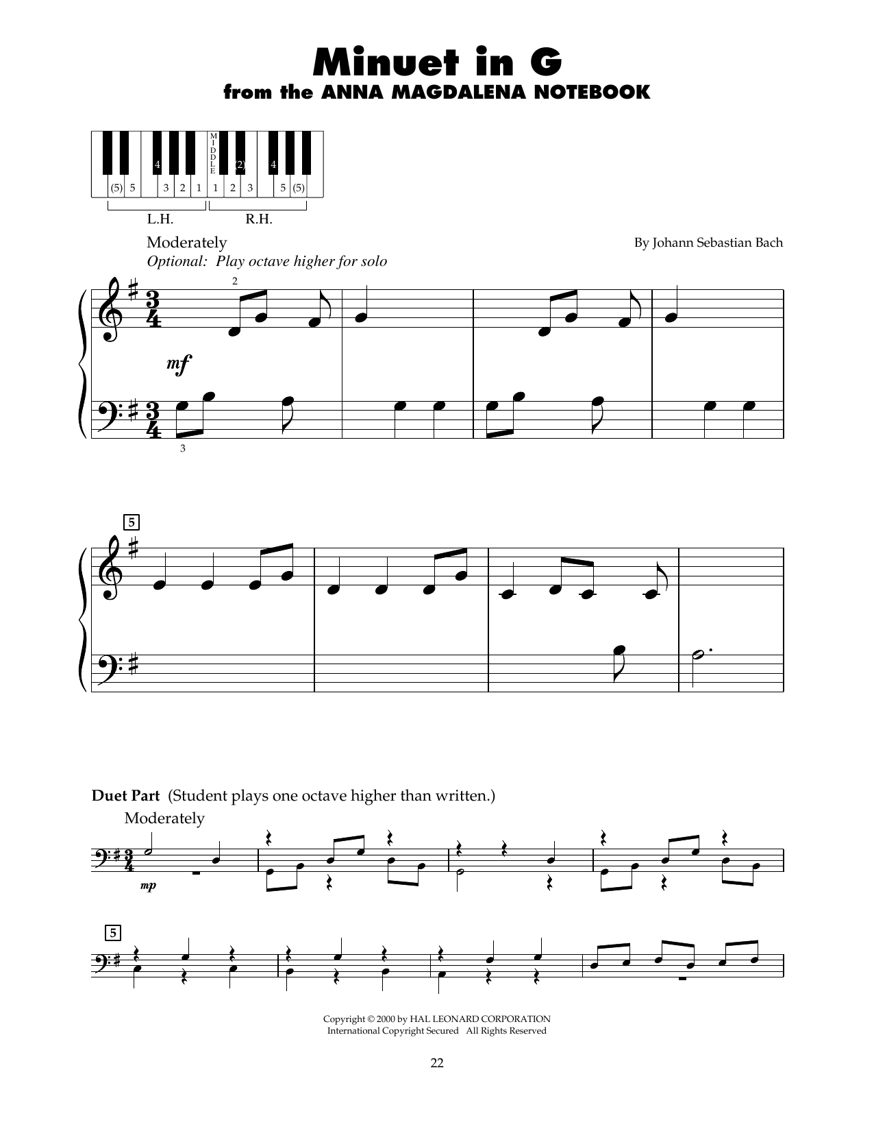 Download Johann Sebastian Bach Minuet In G (arr. Carol Klose) Sheet Music and learn how to play 5-Finger Piano PDF digital score in minutes