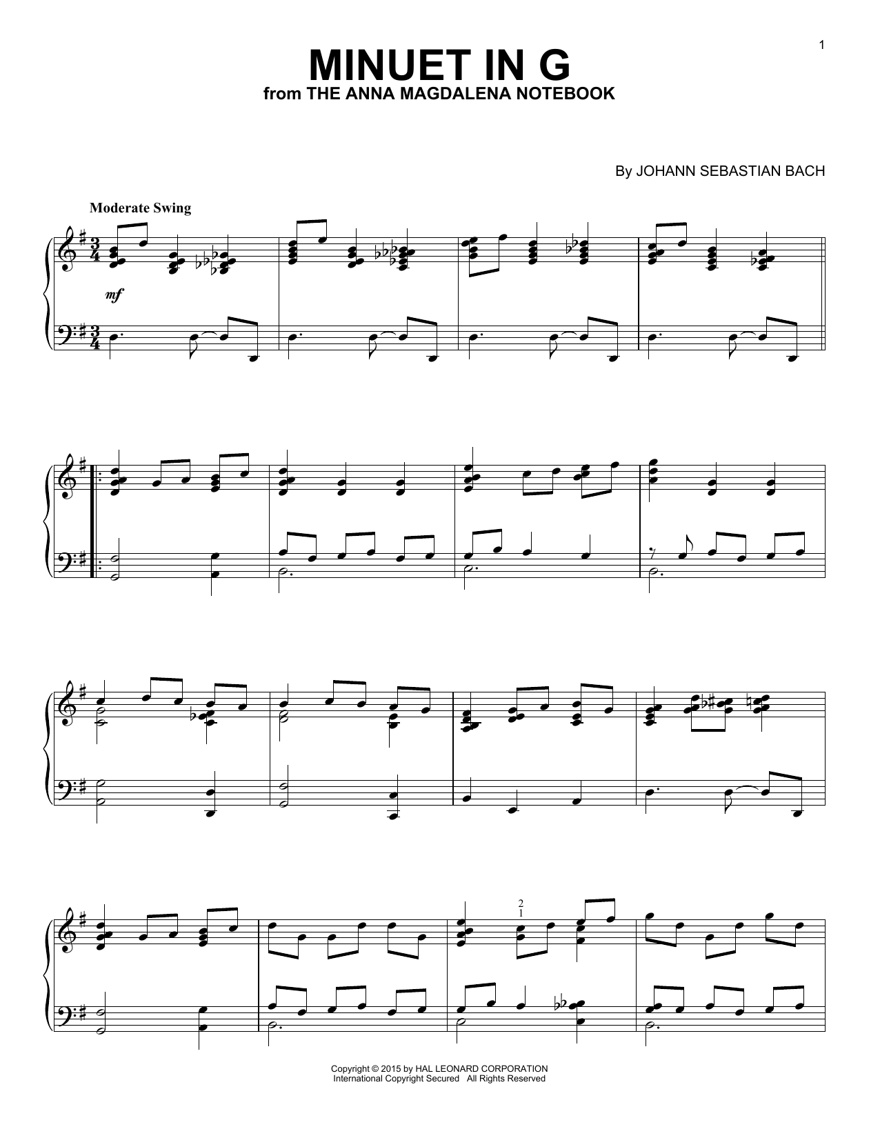 Download J.S. Bach Minuet In G Sheet Music and learn how to play Piano PDF digital score in minutes