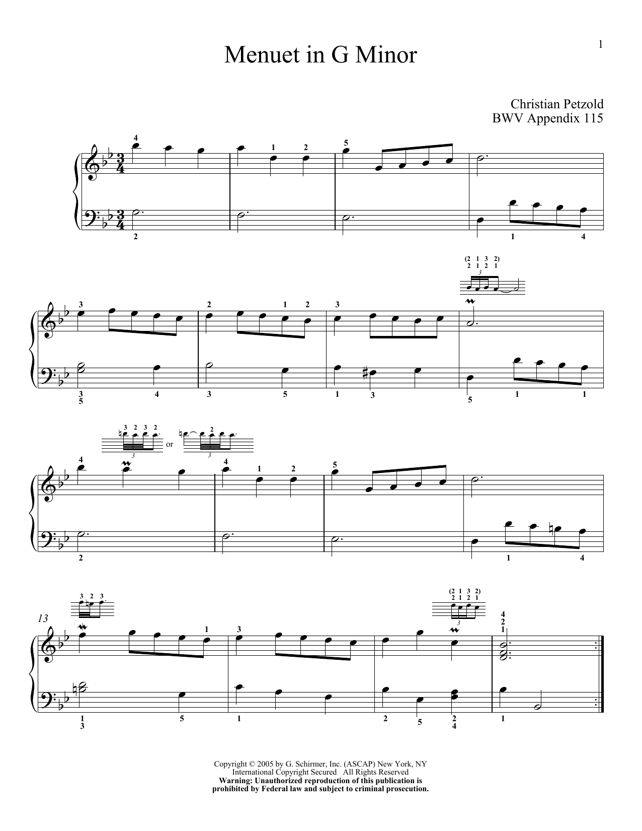 Download Johann Sebastian Bach Minuet In G Minor Sheet Music and learn how to play Piano Solo PDF digital score in minutes