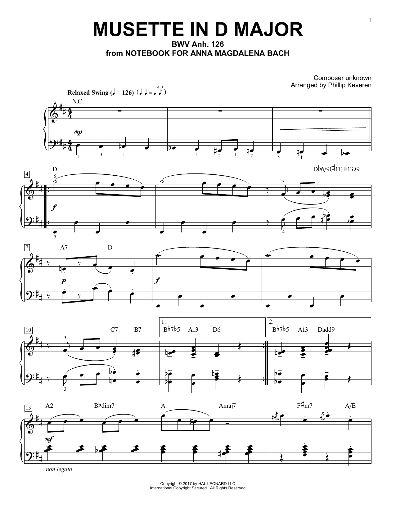 Download Phillip Keveren Musette In D Major, BWV Anh. 126 Sheet Music and learn how to play Piano PDF digital score in minutes