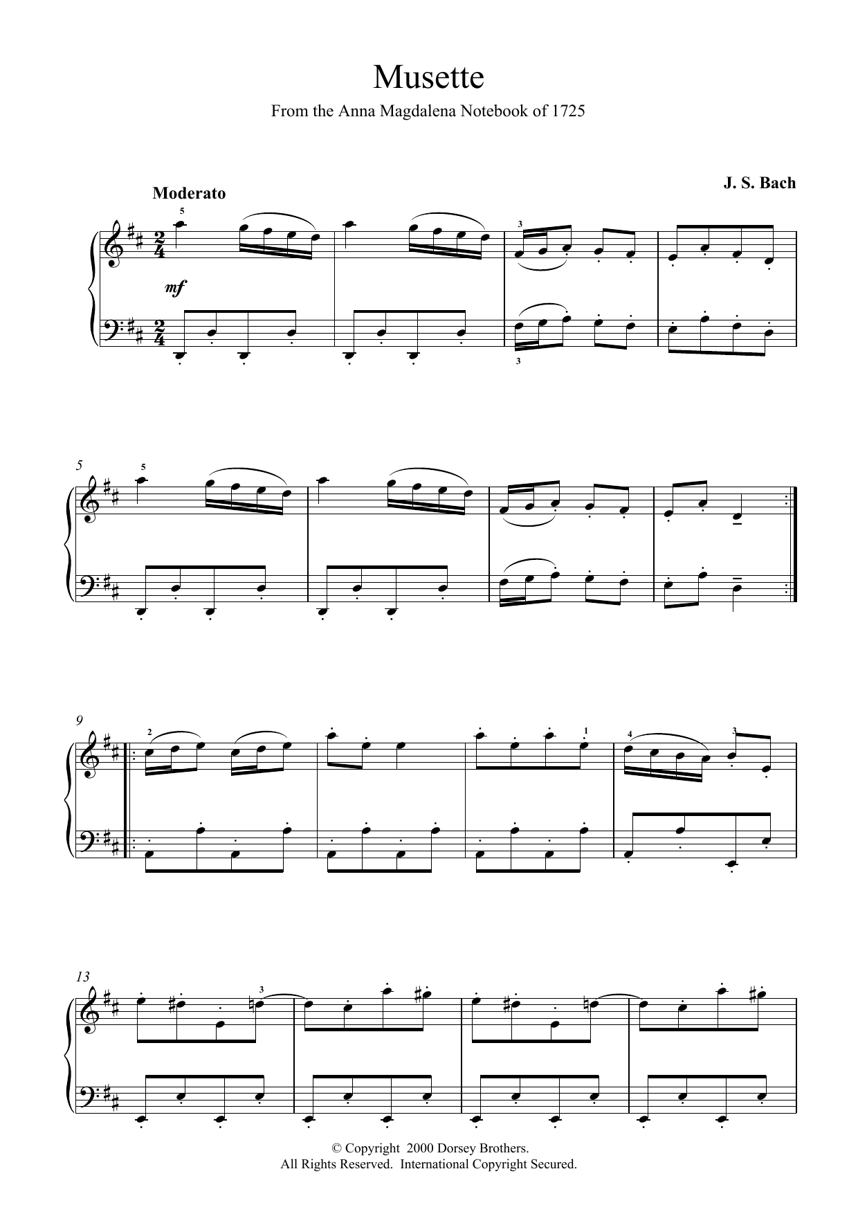 Download J.S. Bach Musette In D Major, BWV App. 126 Sheet Music and learn how to play Piano PDF digital score in minutes