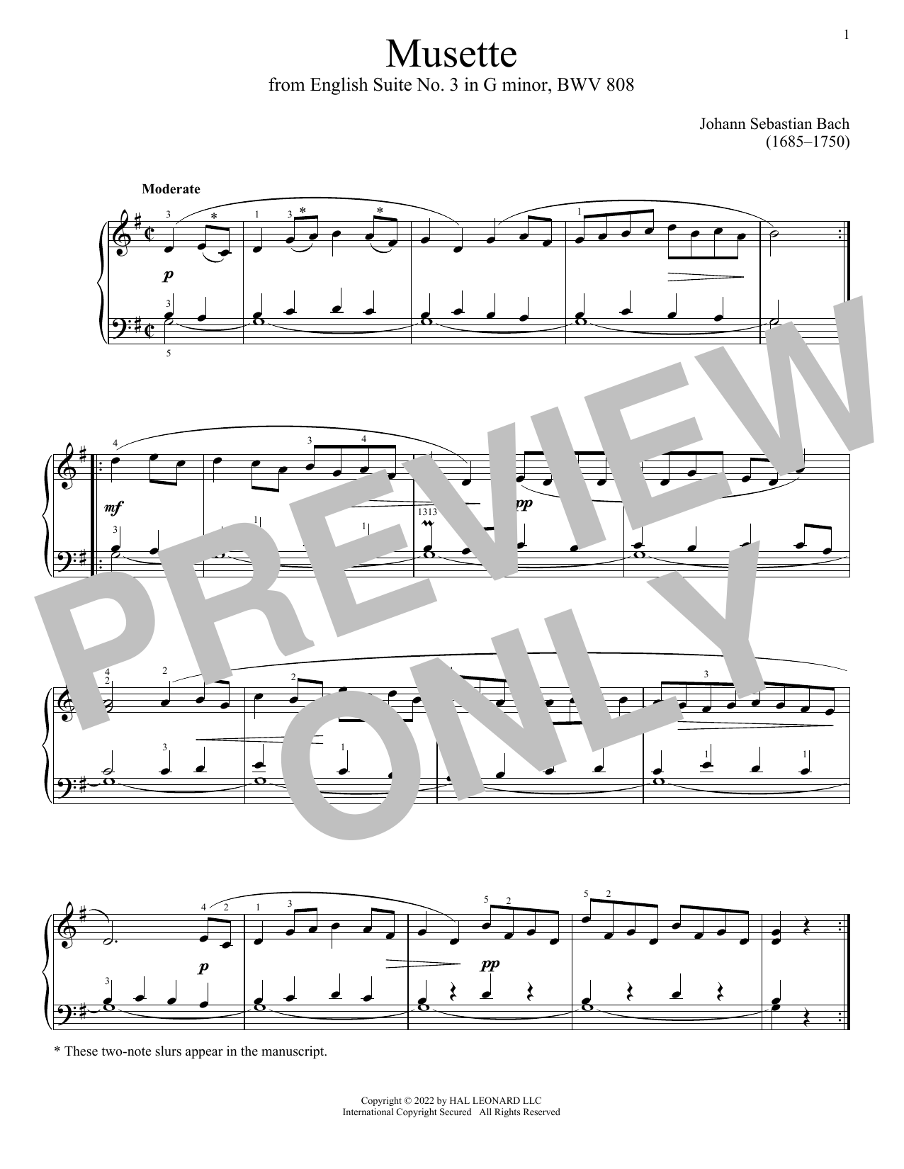 Download Johann Sebastian Bach Musette In G Major, BWV 808 Sheet Music and learn how to play Piano Solo PDF digital score in minutes