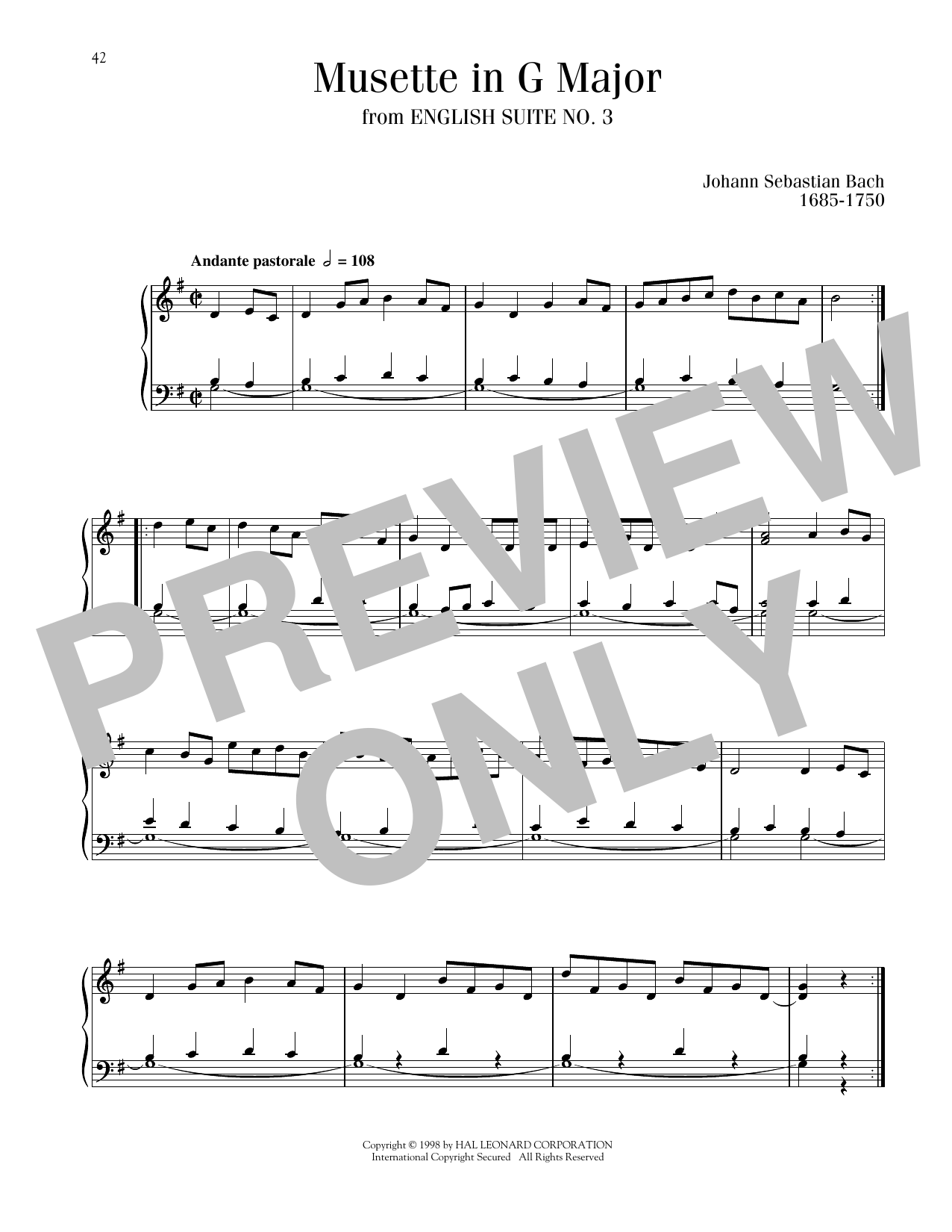 Download Johann Sebastian Bach Musette in G Major Sheet Music and learn how to play Piano Solo PDF digital score in minutes