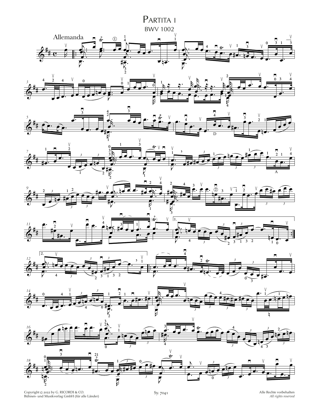 Download Johann Sebastian Bach Partita I, BWV 1002 Sheet Music and learn how to play Violin Solo PDF digital score in minutes