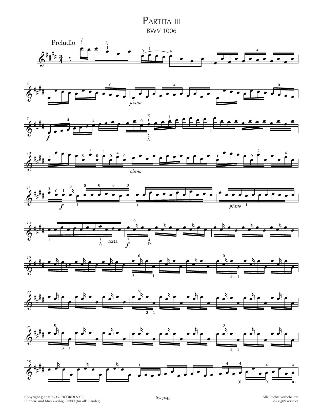 Download Johann Sebastian Bach Partita III, BWV 1006 Sheet Music and learn how to play Violin Solo PDF digital score in minutes