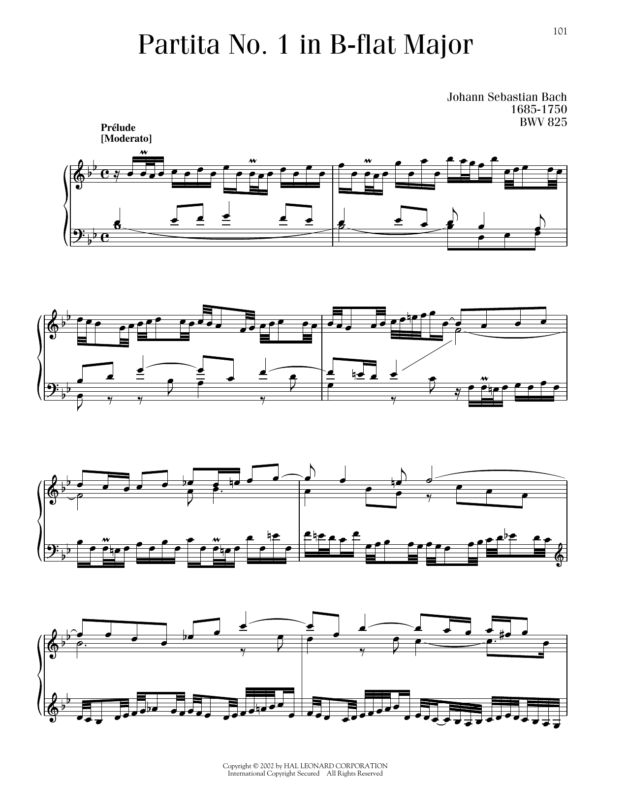 Download Johann Sebastian Bach Partita No. 1 In B-Flat Major, BWV 825 Sheet Music and learn how to play Piano Solo PDF digital score in minutes