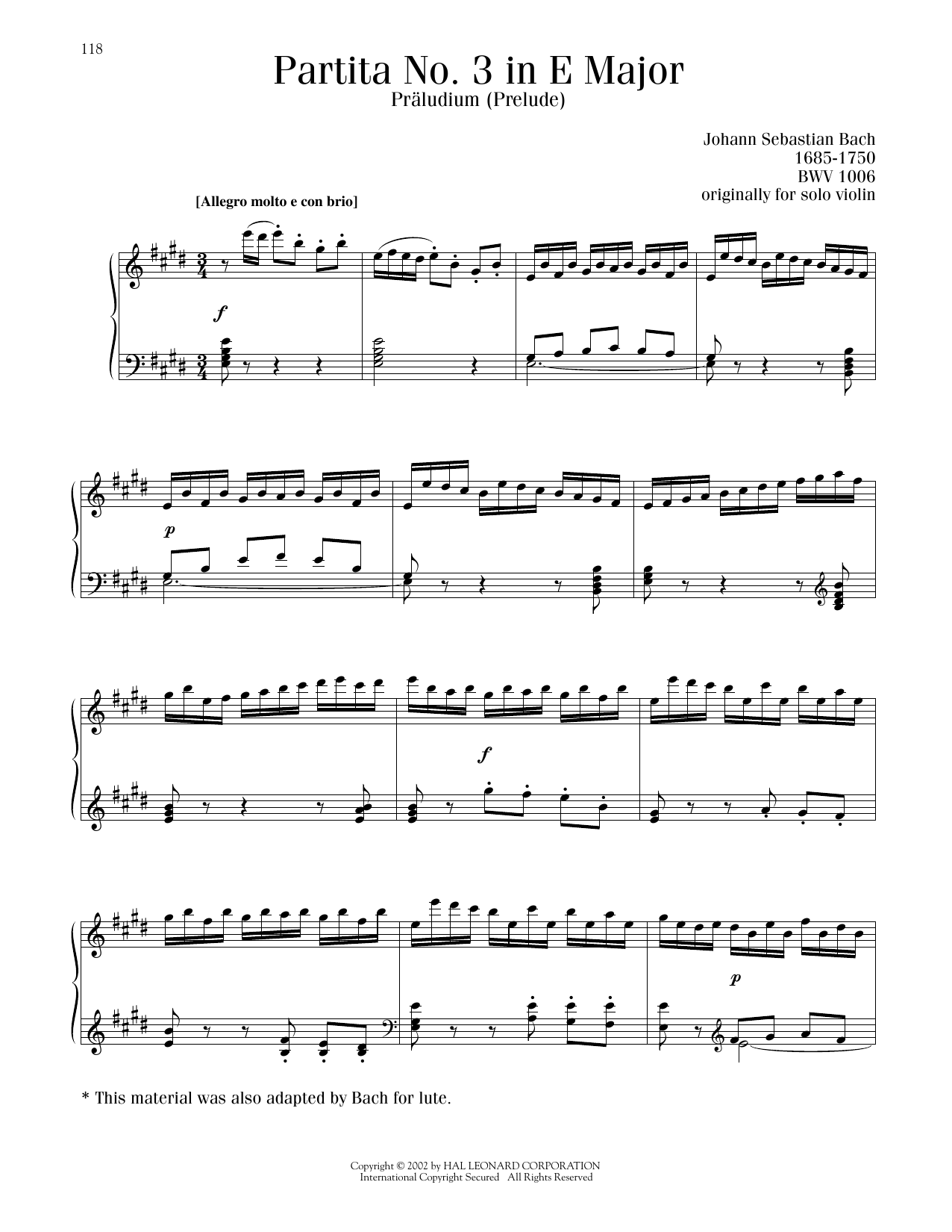 Download Johann Sebastian Bach Partita No. 3 In E Major, BWV 1006 Sheet Music and learn how to play Piano Solo PDF digital score in minutes