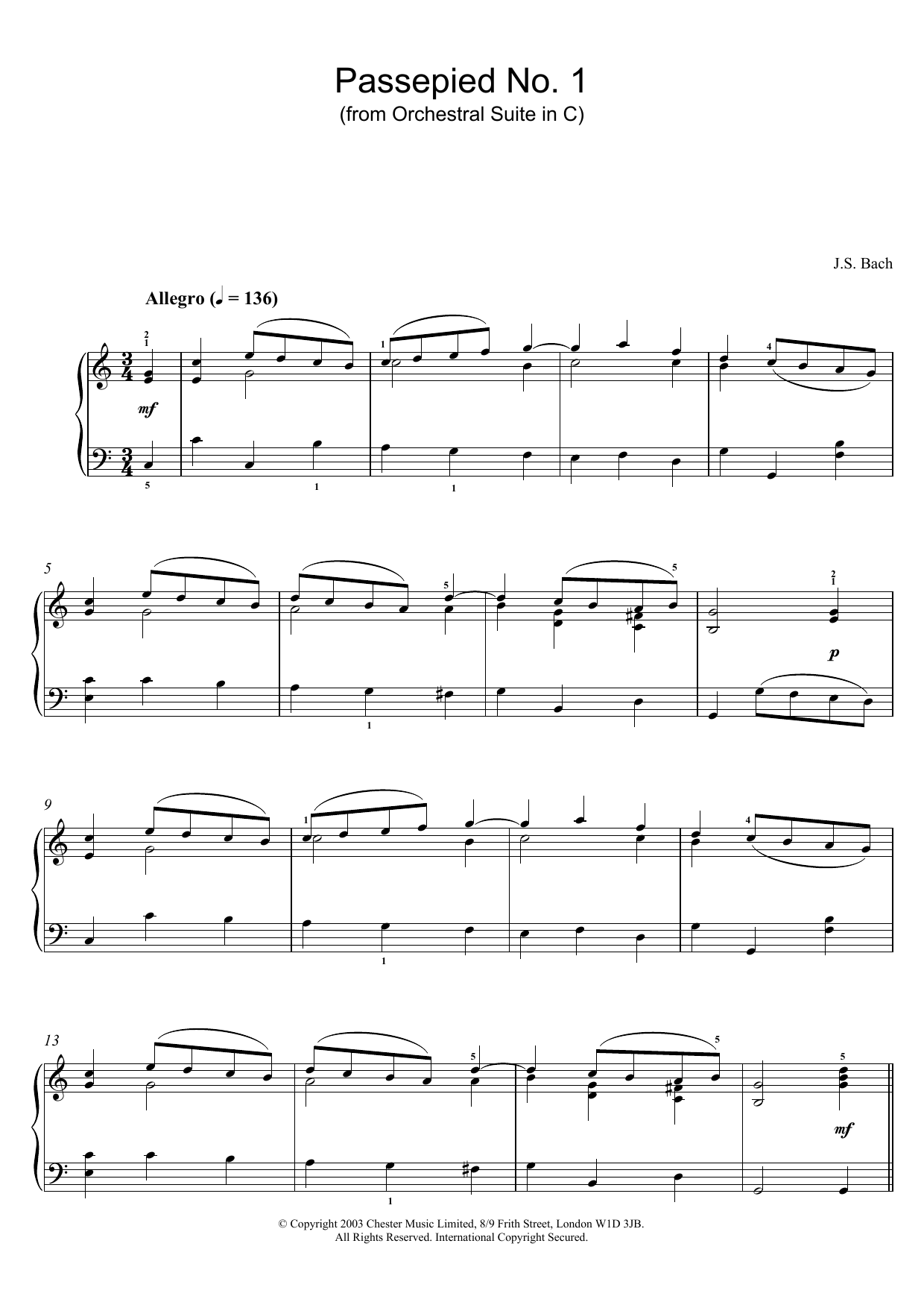 Download J.S. Bach Passepied No. 1 (from Orchestral Suite in C) Sheet Music and learn how to play Piano PDF digital score in minutes
