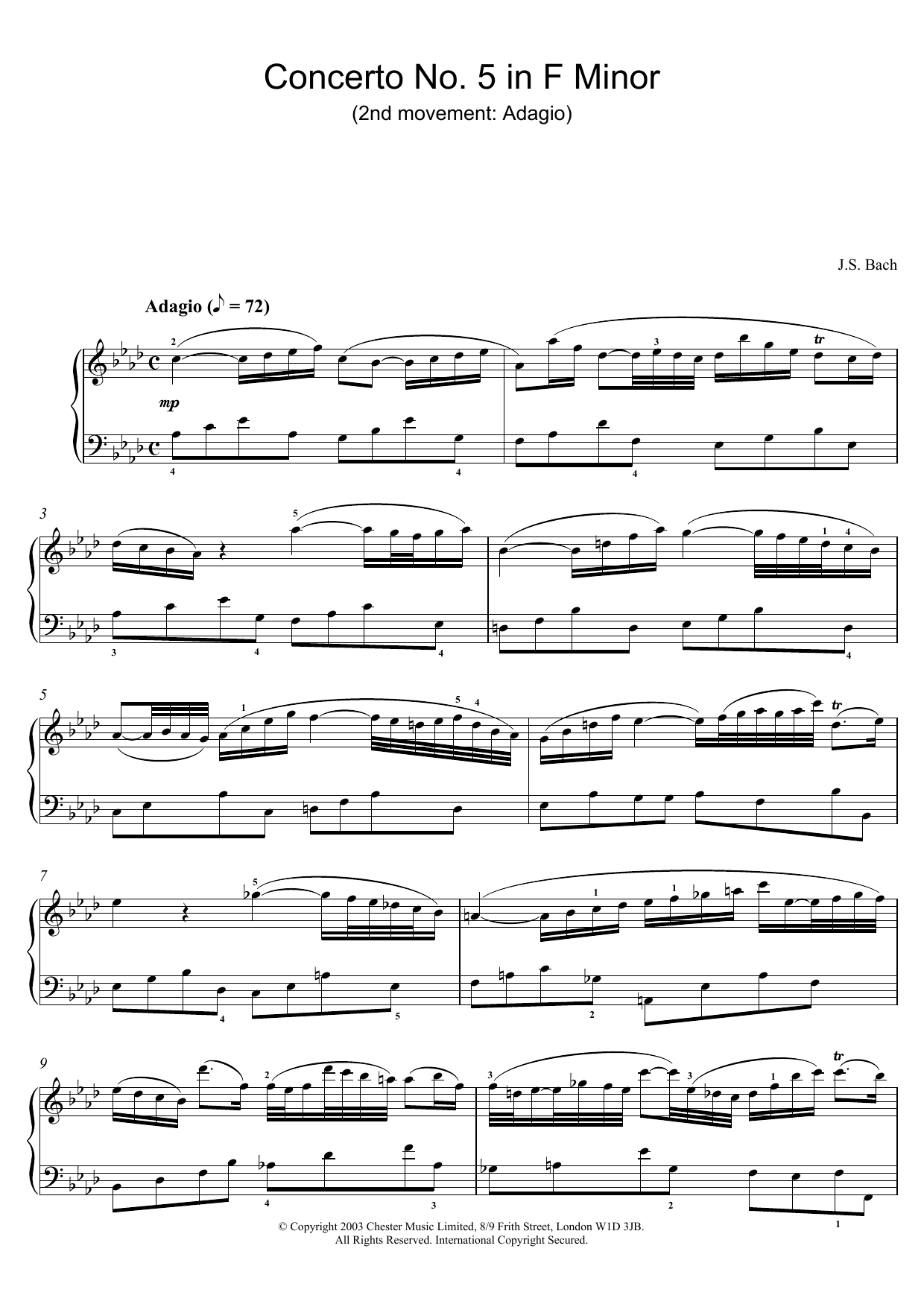 Download J.S. Bach Piano Concerto No. 5 in F Minor (2nd movement: Adagio) Sheet Music and learn how to play Piano PDF digital score in minutes