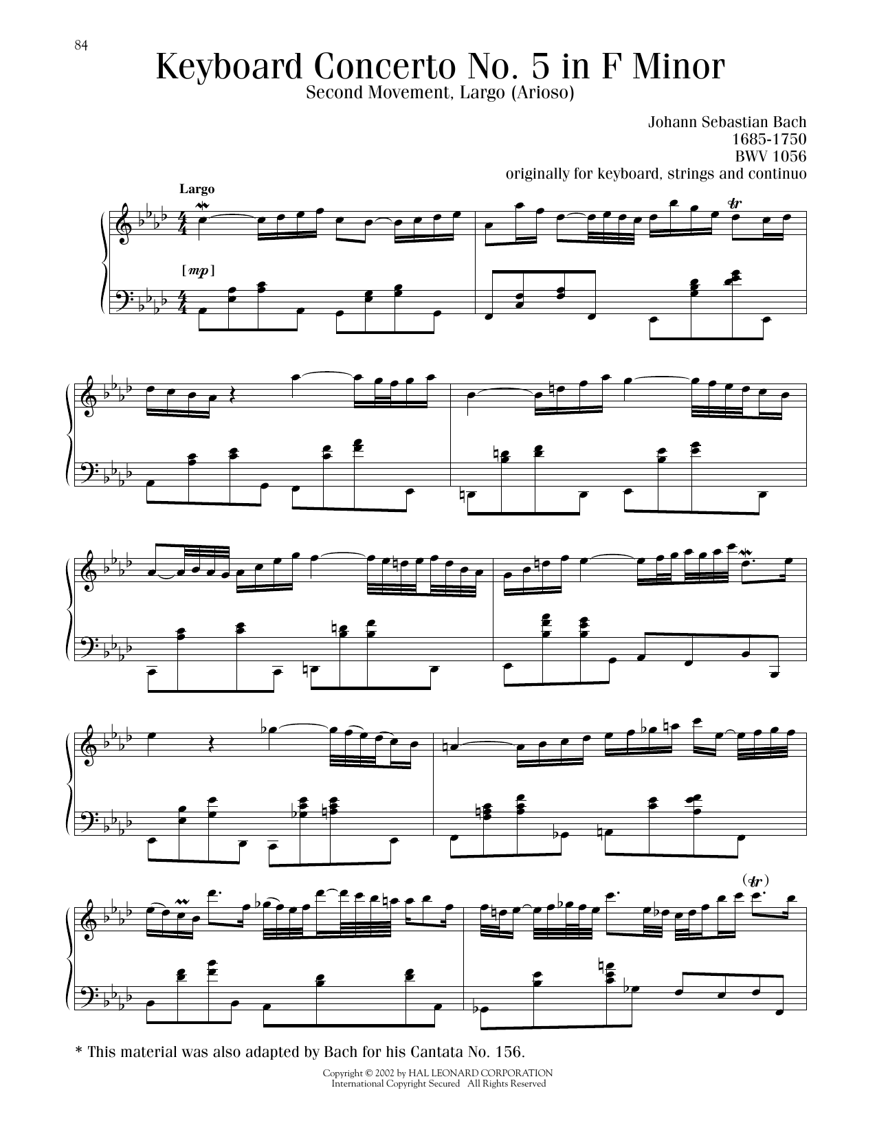 Download Johann Sebastian Bach Piano Concerto No.5 In F Minor (BWV 1056-II: Largo) Sheet Music and learn how to play Piano Solo PDF digital score in minutes