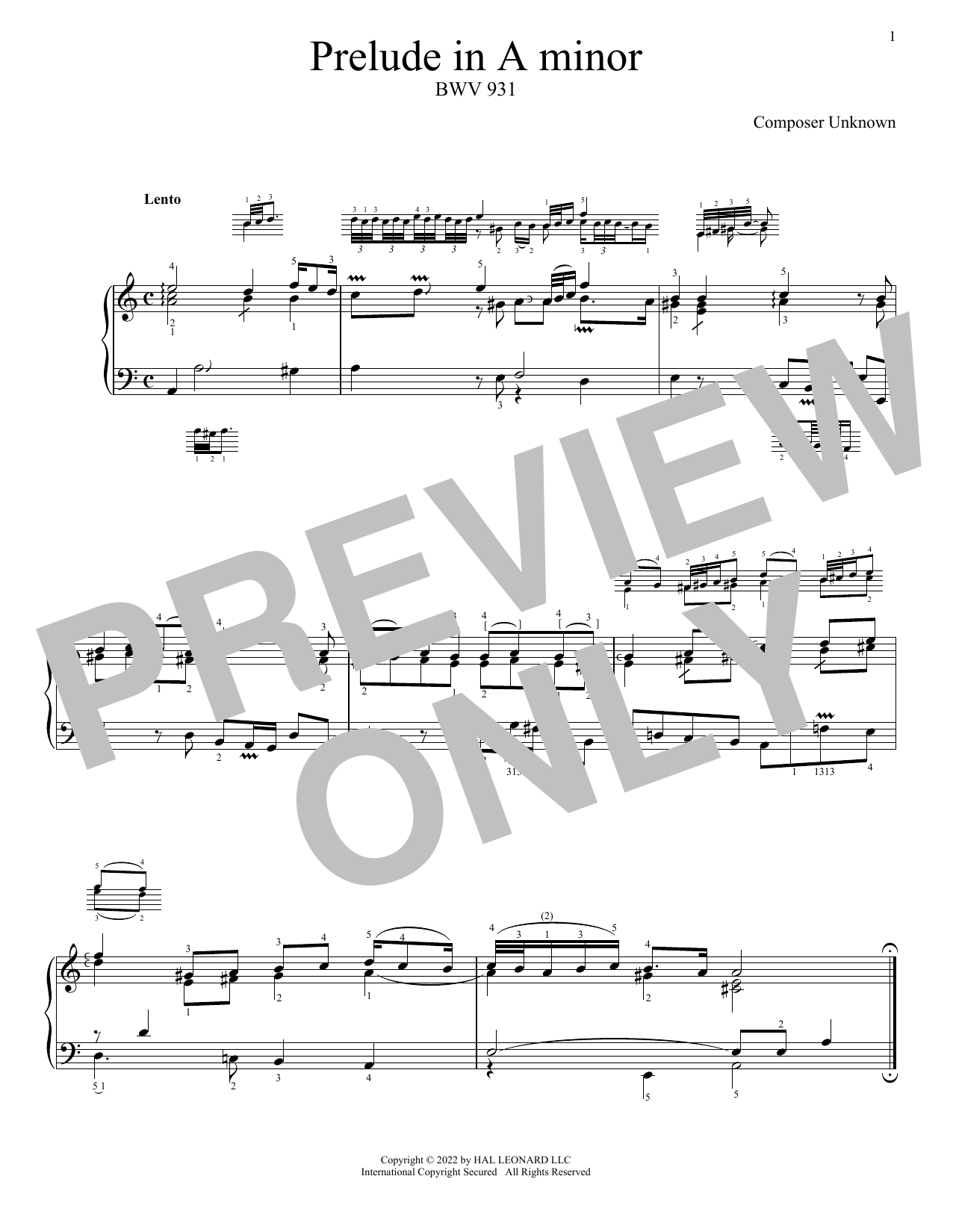Download Johann Sebastian Bach Prelude In A Minor, BWV 931 Sheet Music and learn how to play Piano Solo PDF digital score in minutes
