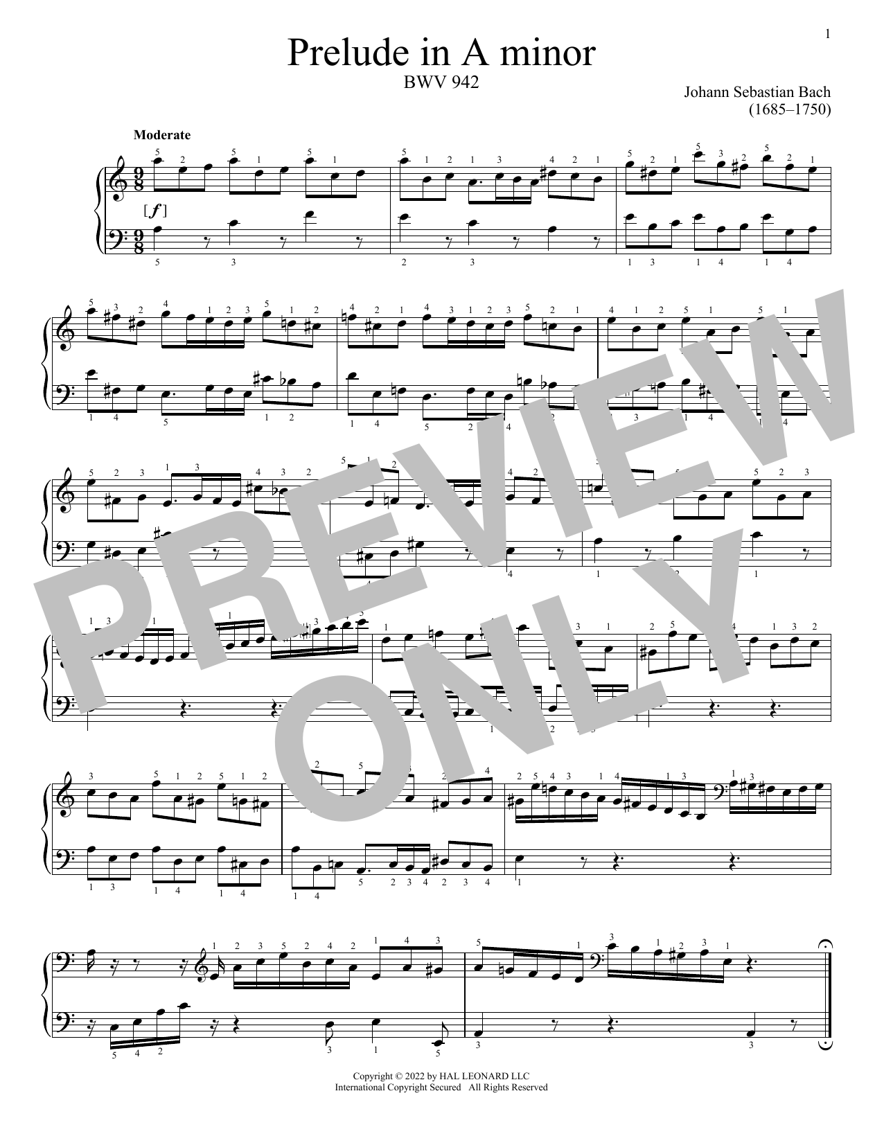 Download Johann Sebastian Bach Prelude In A Minor, BWV 942 Sheet Music and learn how to play Piano Solo PDF digital score in minutes