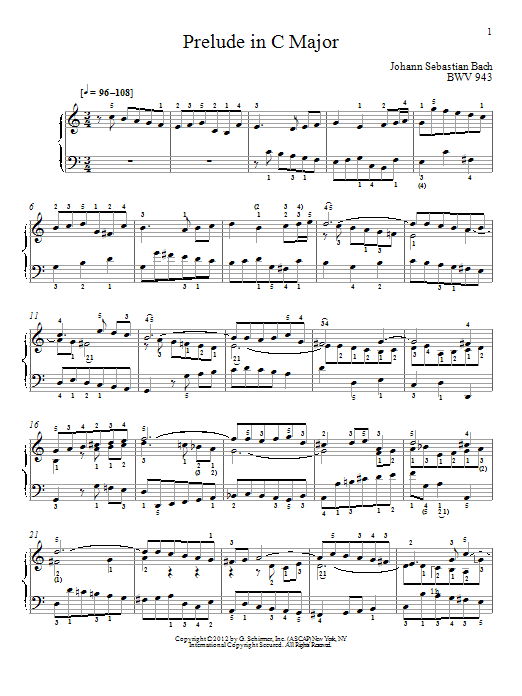 Download J.S. Bach Prelude In C Major, BMV 943 Sheet Music and learn how to play Piano PDF digital score in minutes
