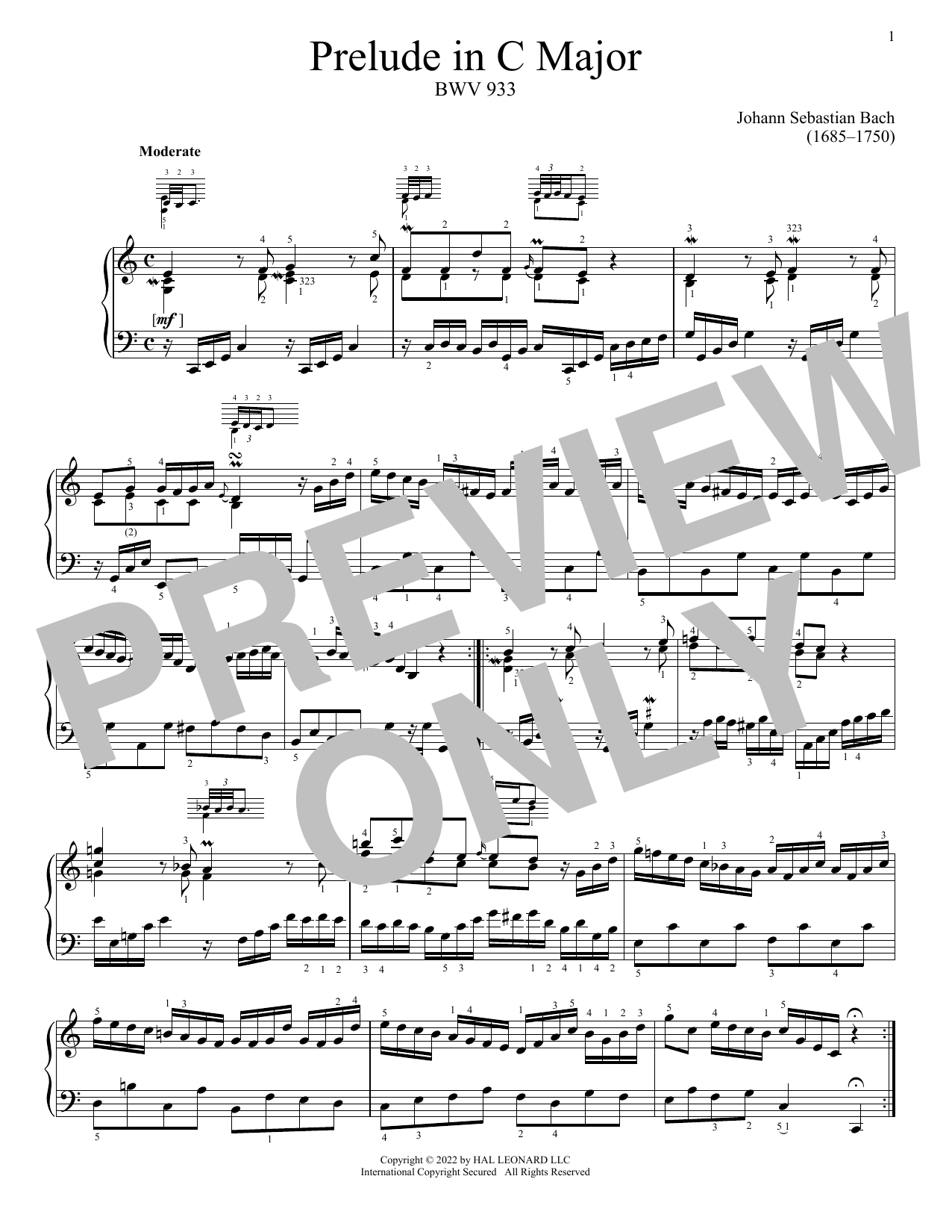 Download Johann Sebastian Bach Prelude In C Major, BWV 933 Sheet Music and learn how to play Piano Solo PDF digital score in minutes