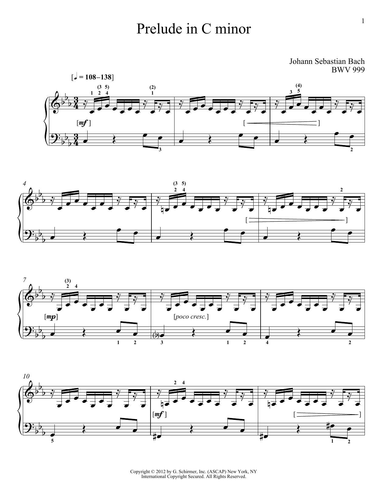 Download Johann Sebastian Bach Prelude In C Minor, BMV 999 Sheet Music and learn how to play Piano PDF digital score in minutes
