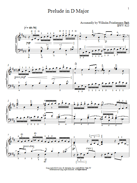 Download J.S. Bach Prelude In D Major, BMV 925 Sheet Music and learn how to play Piano PDF digital score in minutes