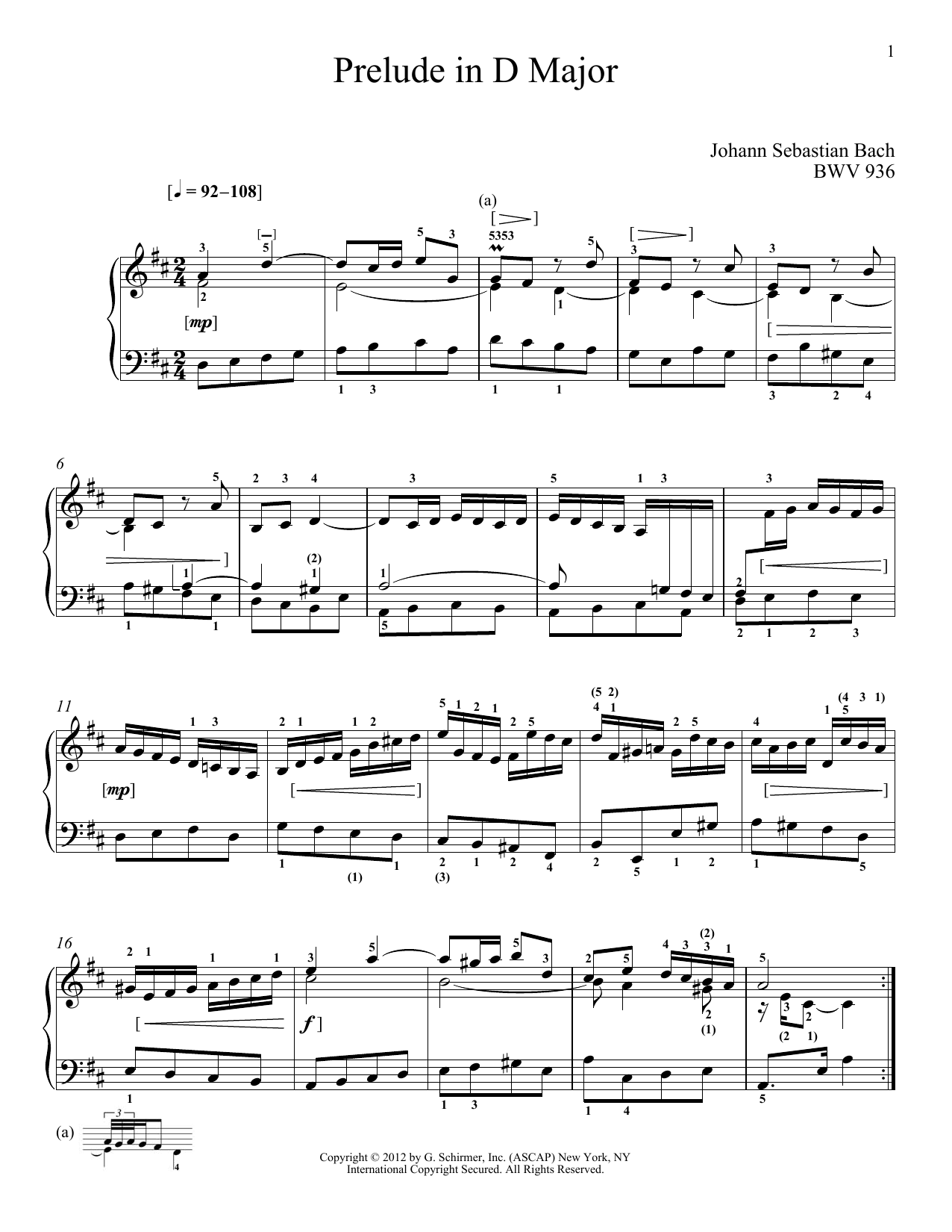 Download J.S. Bach Prelude In D Major, BMV 936 Sheet Music and learn how to play Piano PDF digital score in minutes