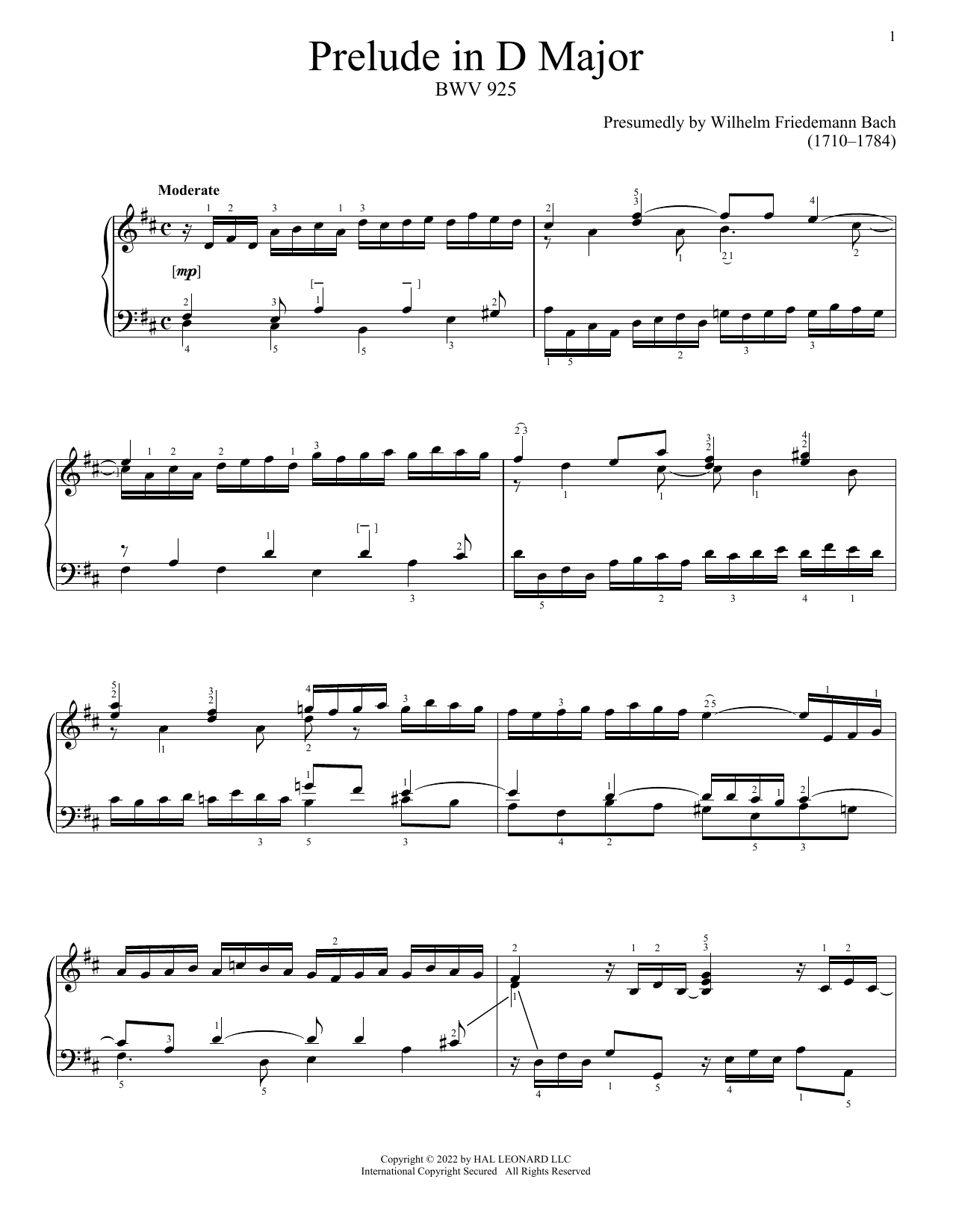 Download Johann Sebastian Bach Prelude In D Major, BWV 925 Sheet Music and learn how to play Piano Solo PDF digital score in minutes