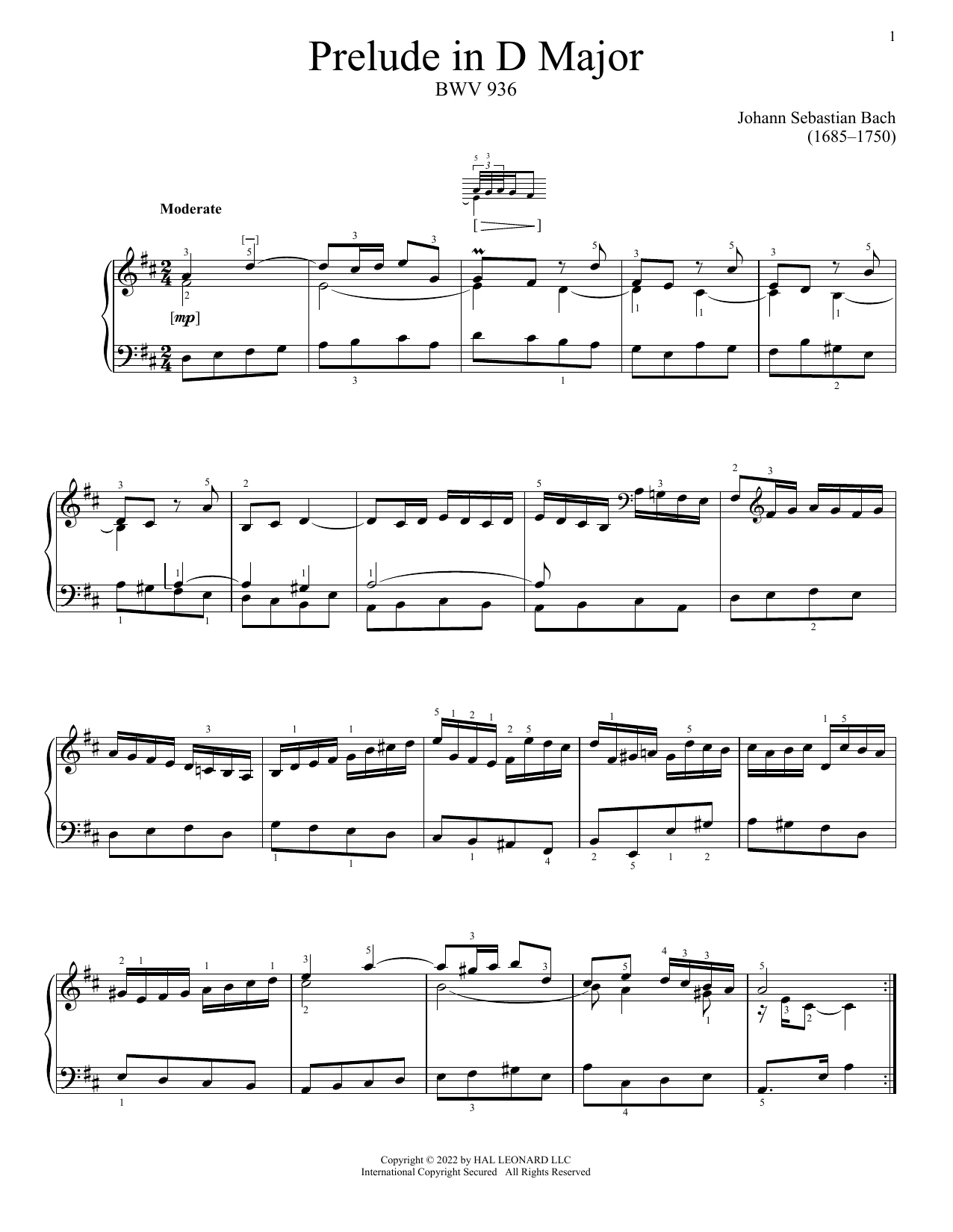 Download Johann Sebastian Bach Prelude In D Major, BWV 936 Sheet Music and learn how to play Piano Solo PDF digital score in minutes