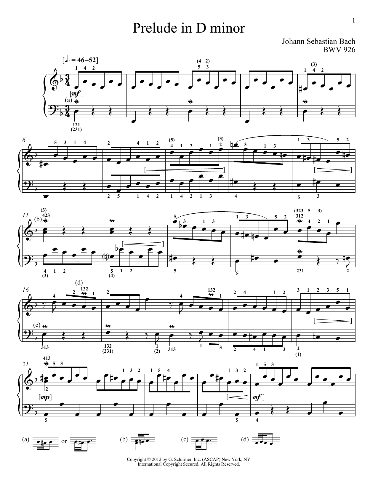 Download Johann Sebastian Bach Prelude In D Minor, BMV 926 Sheet Music and learn how to play Piano PDF digital score in minutes