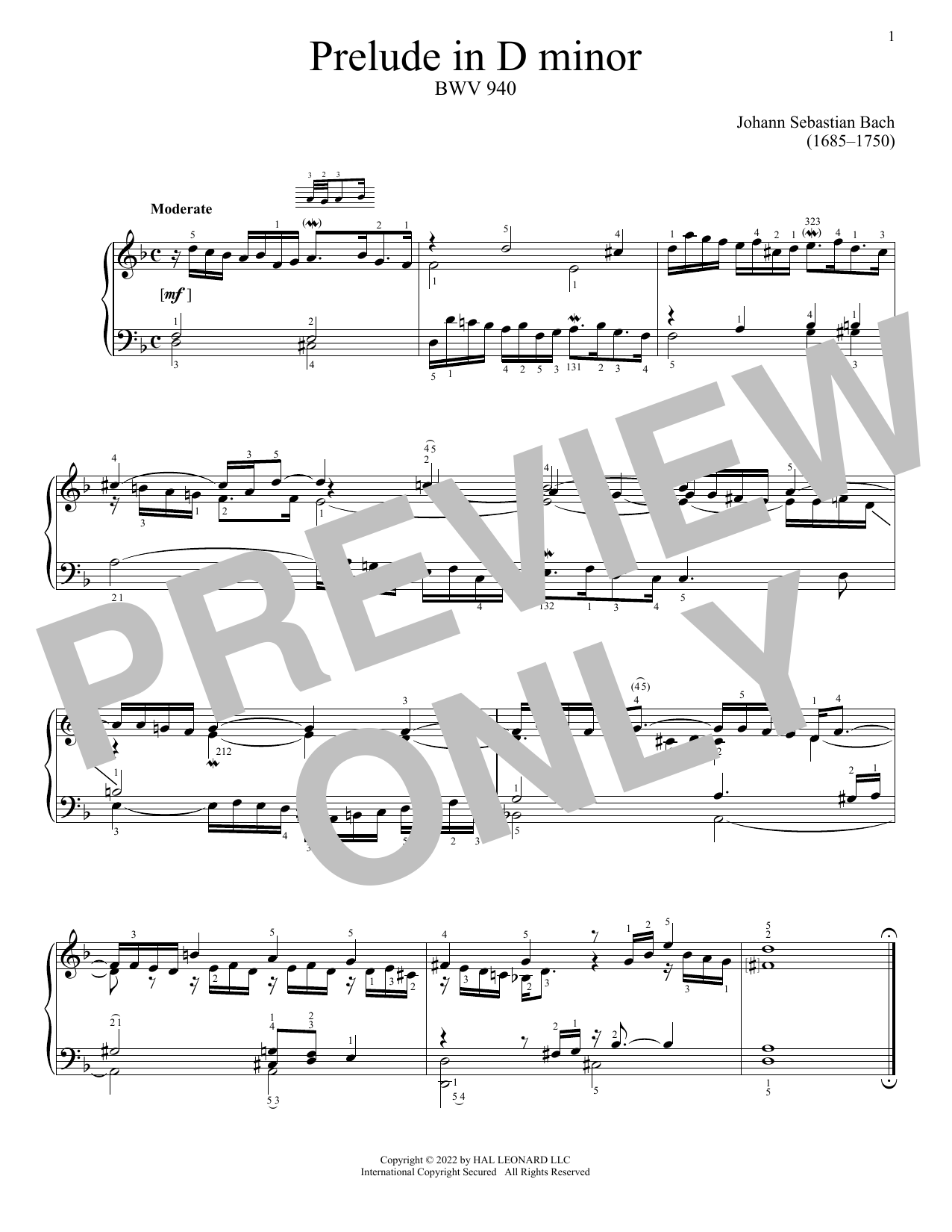 Download Johann Sebastian Bach Prelude In D Minor, BWV 940 Sheet Music and learn how to play Piano Solo PDF digital score in minutes