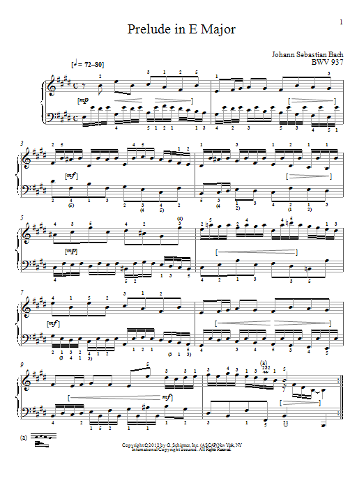 Download J.S. Bach Prelude In E Major, BMV 937 Sheet Music and learn how to play Piano PDF digital score in minutes