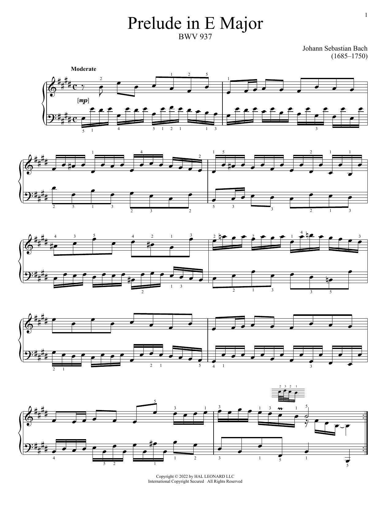 Download Johann Sebastian Bach Prelude In E Major, BWV 937 Sheet Music and learn how to play Piano Solo PDF digital score in minutes