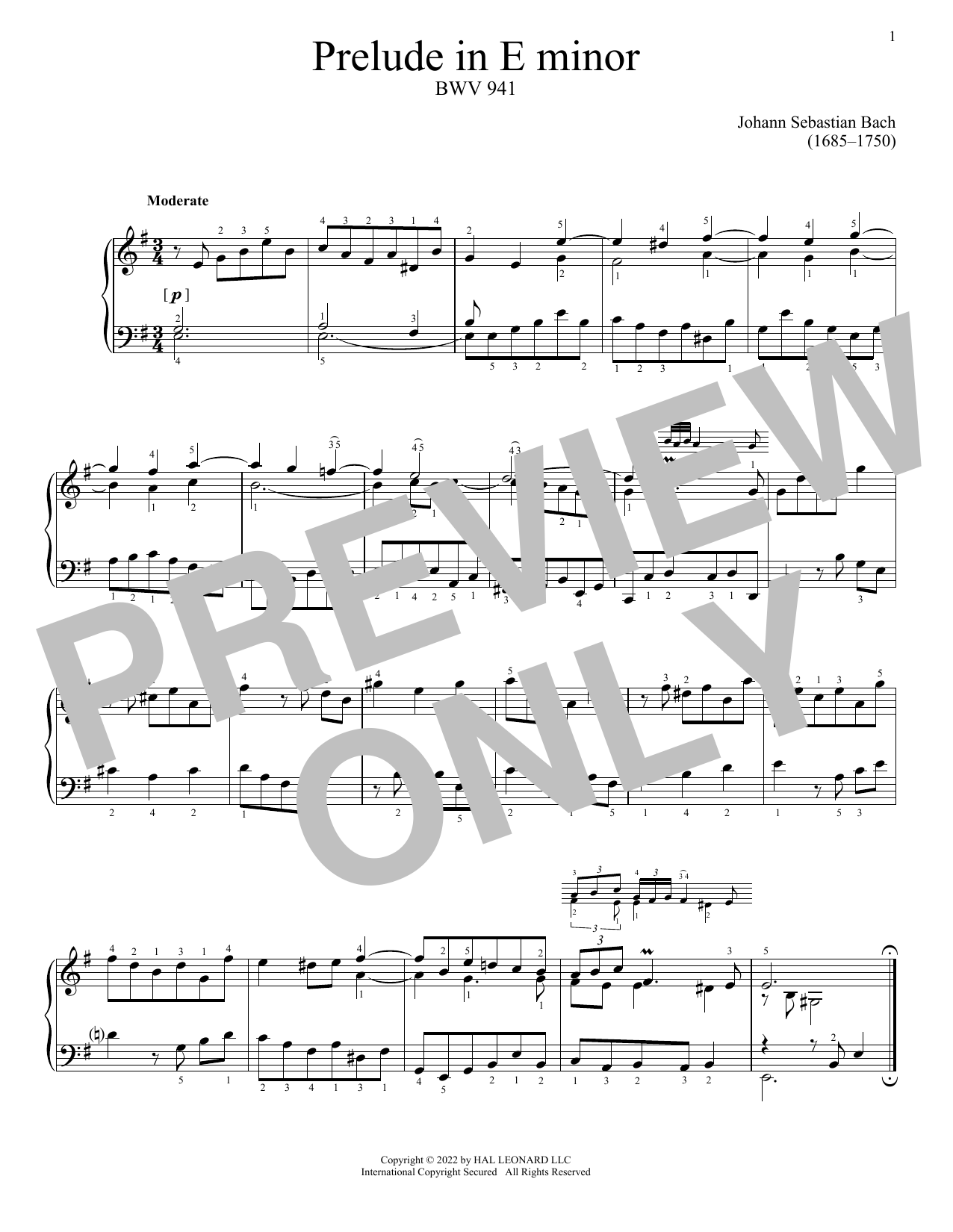 Download Johann Sebastian Bach Prelude In E Minor, BWV 941 Sheet Music and learn how to play Piano Solo PDF digital score in minutes