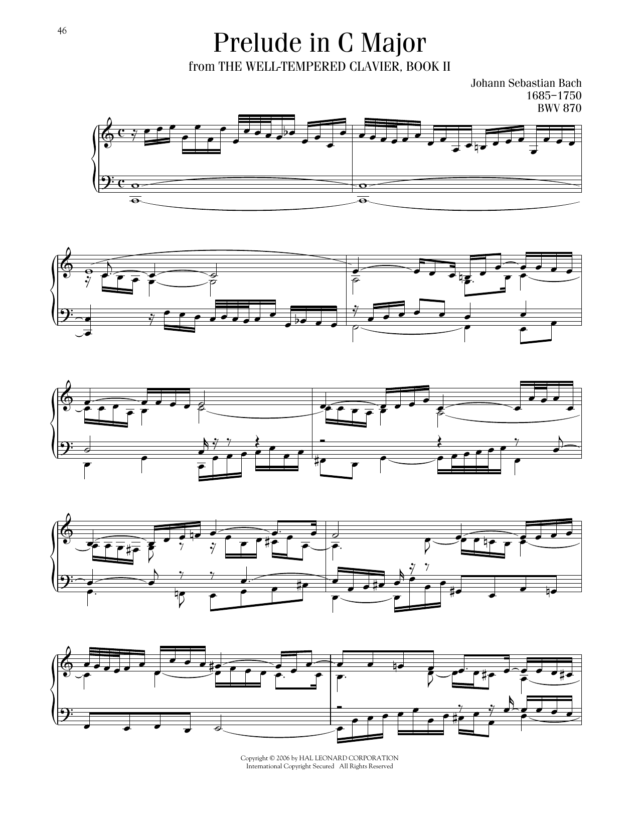 Download Johann Sebastian Bach Prelude No. 1 In C Major, BWV 870 Sheet Music and learn how to play Piano Solo PDF digital score in minutes
