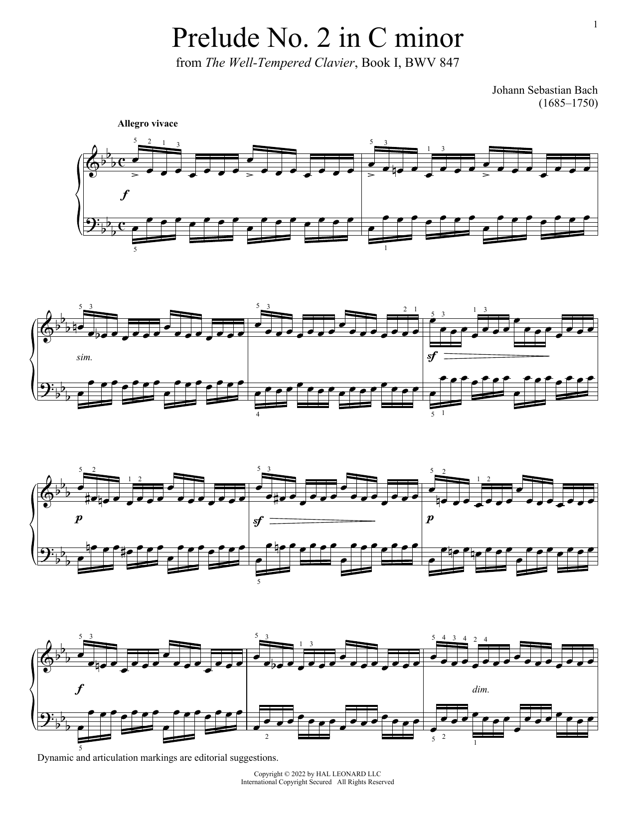 Download Johann Sebastian Bach Prelude No. 2 In C Minor, BWV 847 Sheet Music and learn how to play Piano Solo PDF digital score in minutes