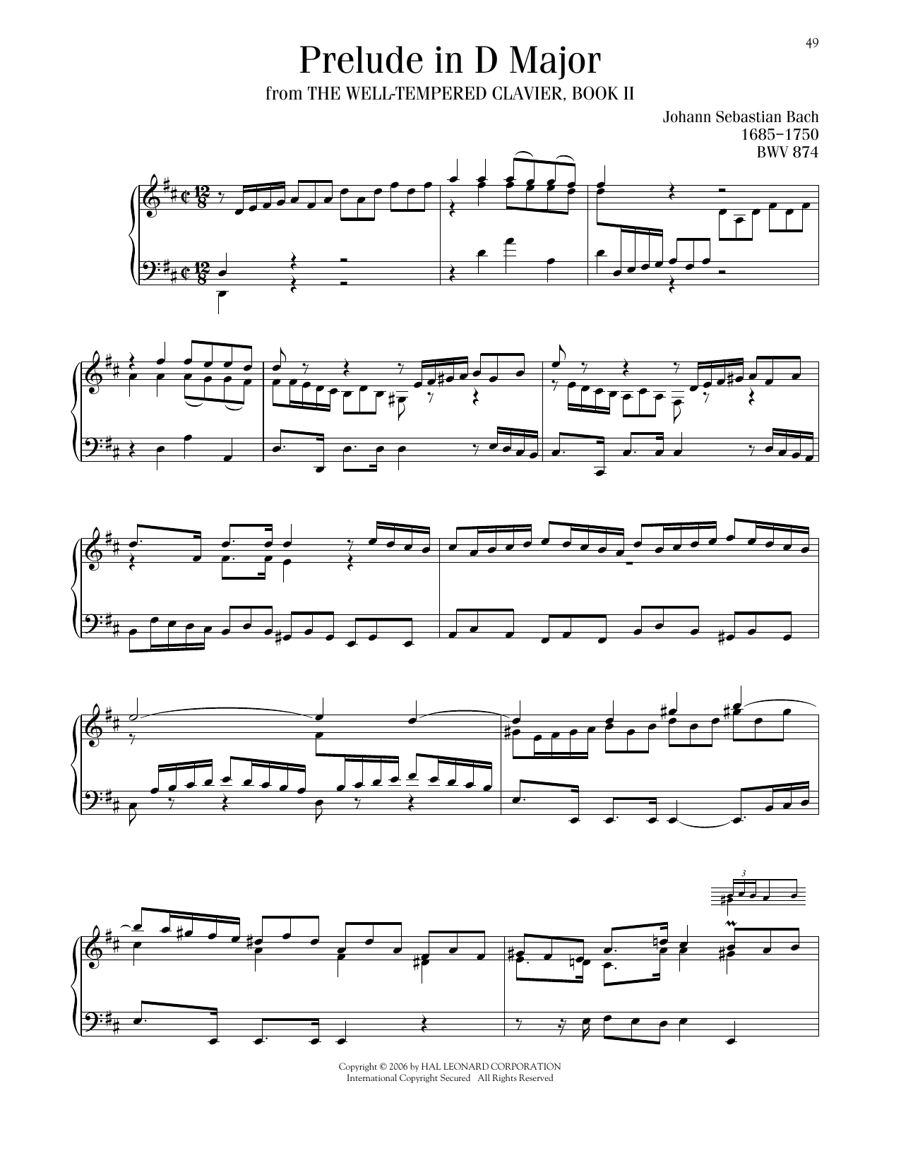 Download Johann Sebastian Bach Prelude No. 5 In D Major, BWV 874 Sheet Music and learn how to play Piano Solo PDF digital score in minutes