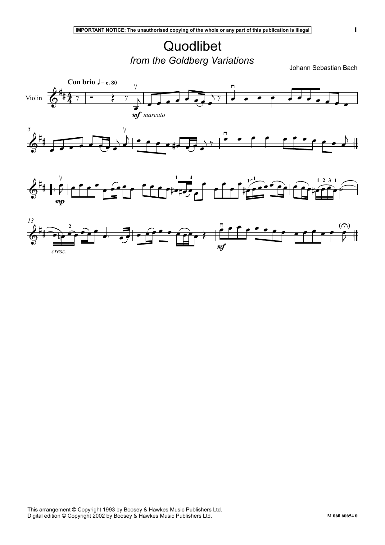 Download Johann Sebastian Bach Quodlibet (from The Goldberg Variations) Sheet Music and learn how to play Instrumental Solo PDF digital score in minutes