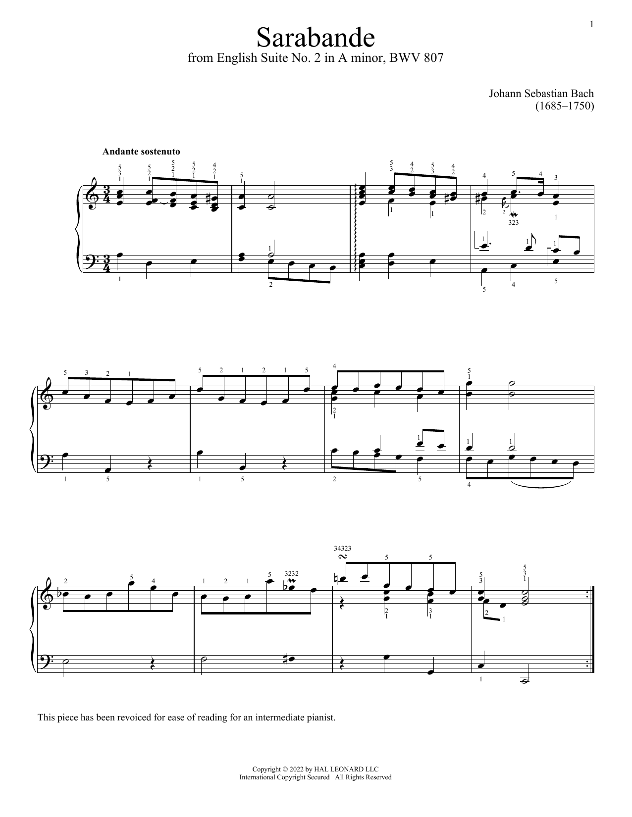 Download Johann Sebastian Bach Sarabande, BWV 807 Sheet Music and learn how to play Piano Solo PDF digital score in minutes