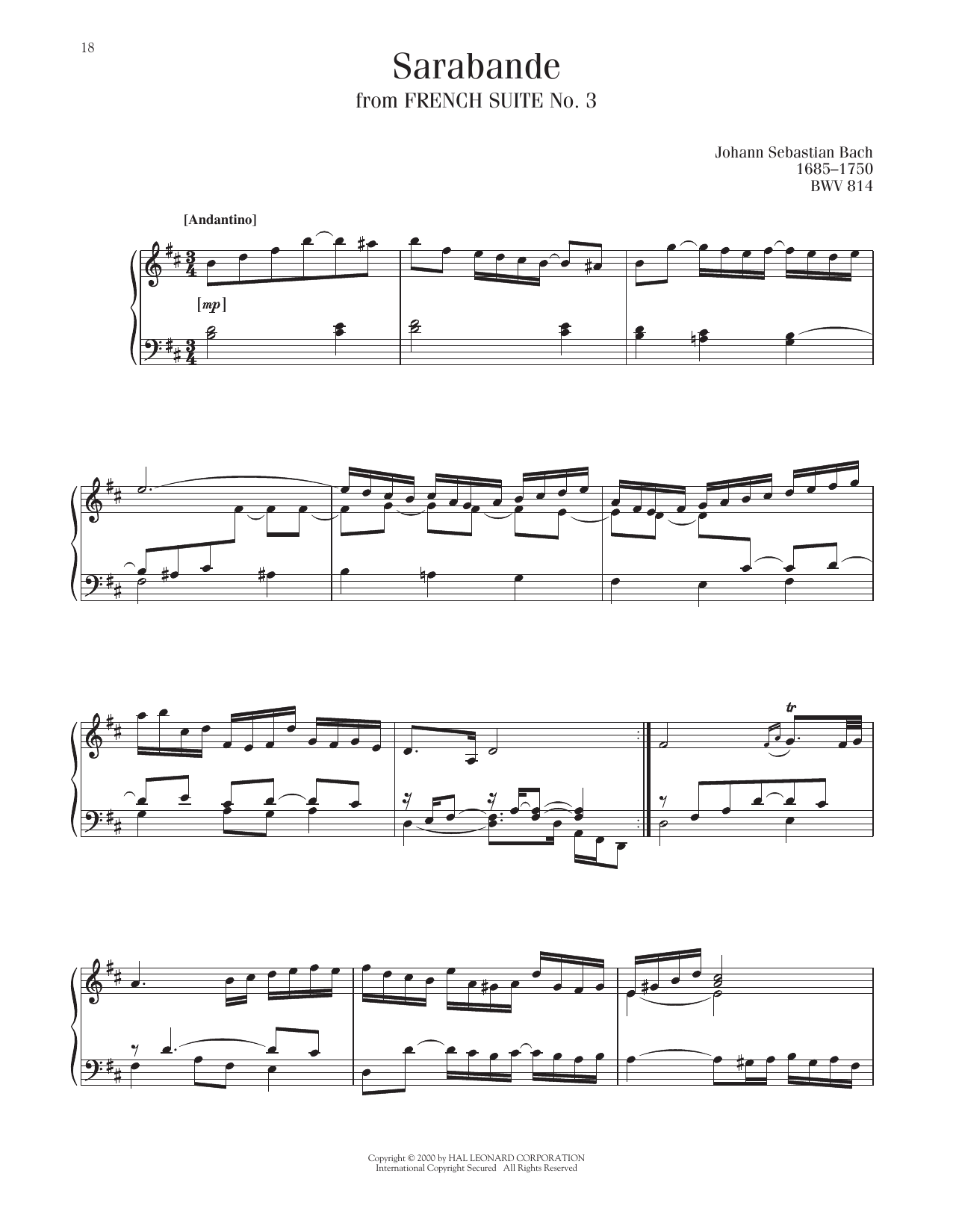 Download Johann Sebastian Bach Sarabande, BWV 814 Sheet Music and learn how to play Piano Solo PDF digital score in minutes