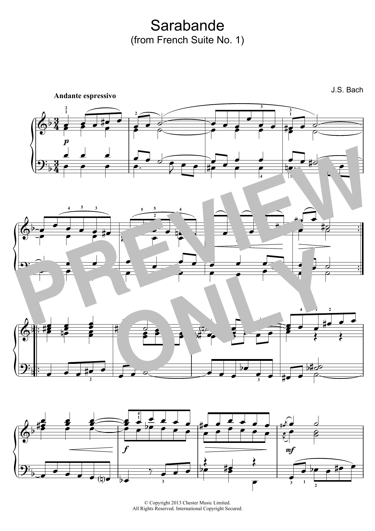 Download J.S. Bach Sarabande (from French Suite No. 1) Sheet Music and learn how to play Piano PDF digital score in minutes