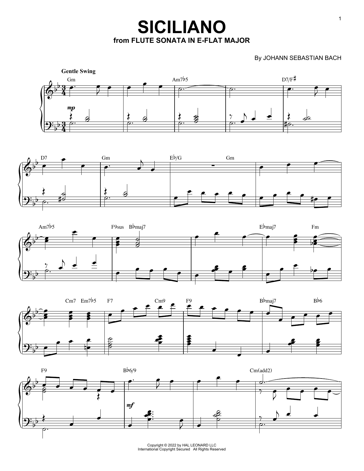 Download Johann Sebastian Bach Siciliano [Jazz version] (arr. Brent Edstrom) Sheet Music and learn how to play Piano Solo PDF digital score in minutes