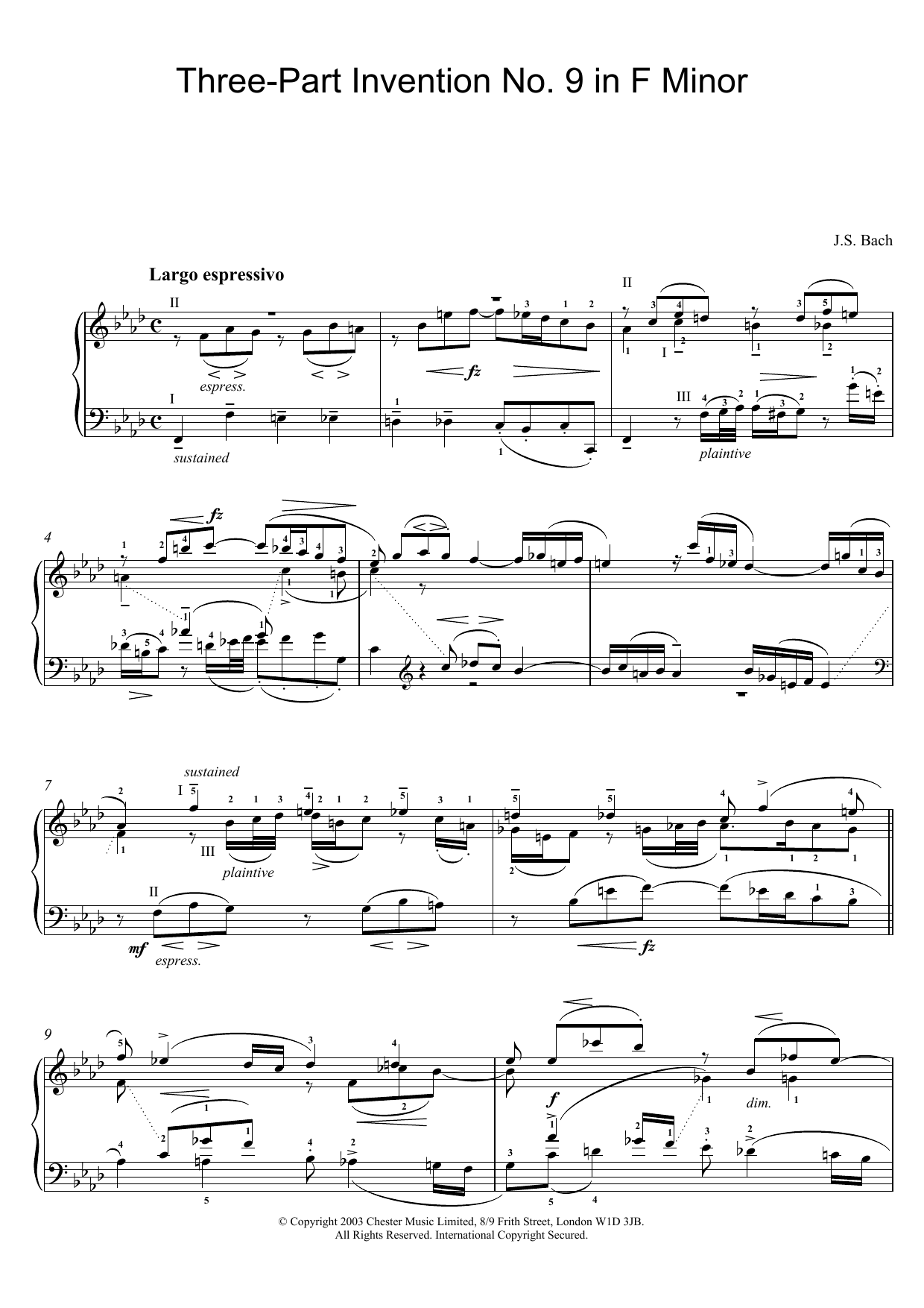 Download J.S. Bach Three-Part Invention No. 9 in F Minor Sheet Music and learn how to play Piano PDF digital score in minutes