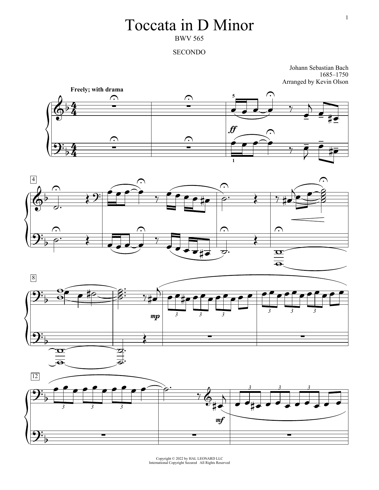 Download Johann Sebastian Bach Toccata And Fugue In D Minor, BWV 565 (arr. Kevin Olson) Sheet Music and learn how to play Piano Duet PDF digital score in minutes